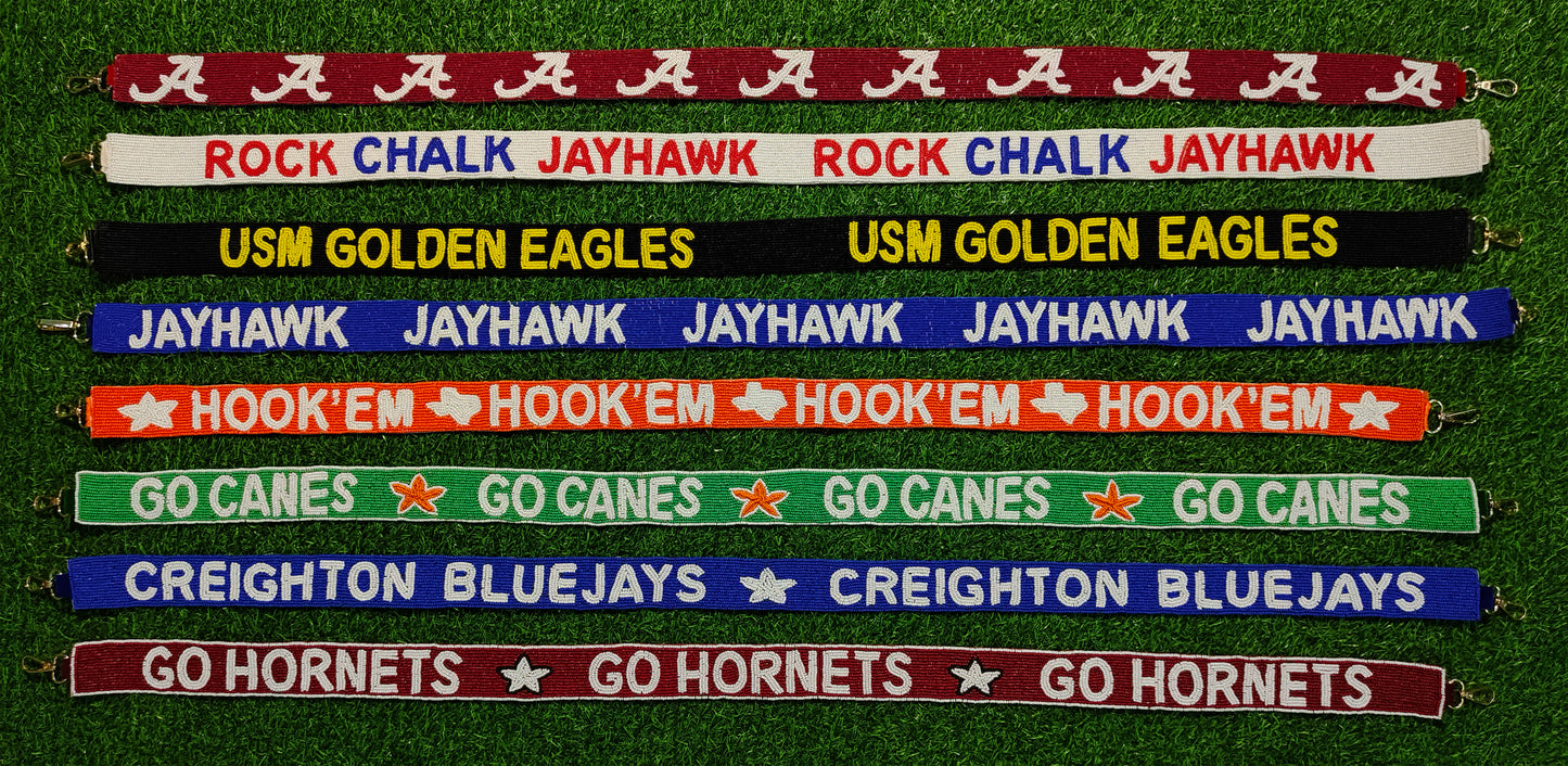 Beaded Purse Straps – Alabama, Kansas Jayhawks, USM Golden Eagles, Texas Longhorns, Miami Hurricanes, Creighton Bluejays, Alabama State Hornets