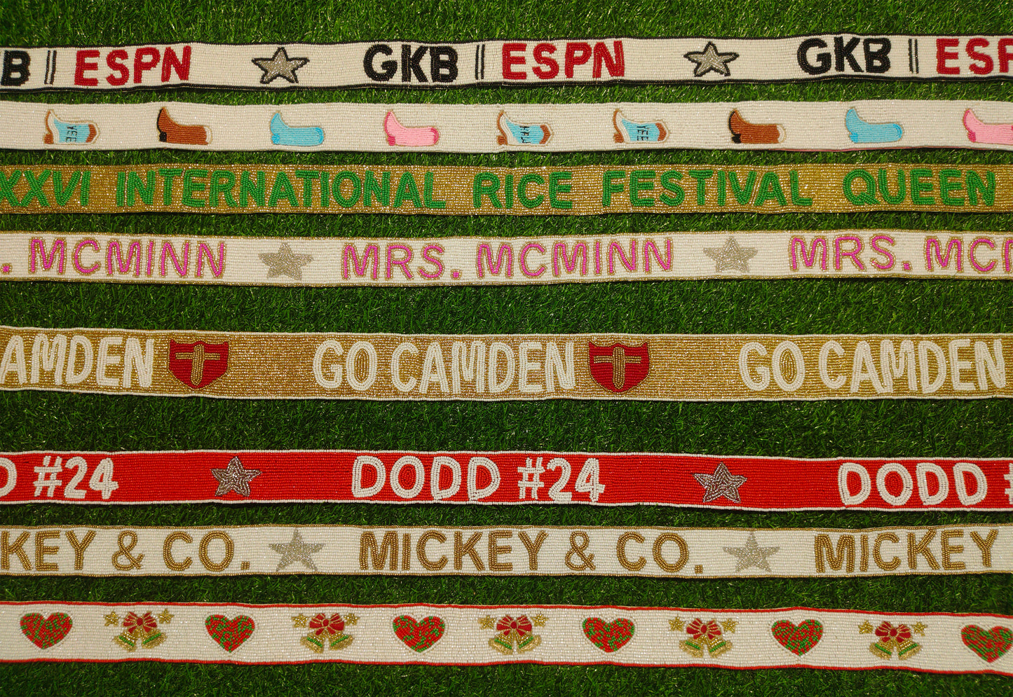 Beaded Purse Straps – GKB | ESPN, LXXXVI INTERNATIONAL RICE FESTIVAL QUEEN, MRS. MCMINN, GO CAMDEN, DODD #24, MICKEY & CO., and Heart & Floral Design (47" Long, 1.5" Wide)