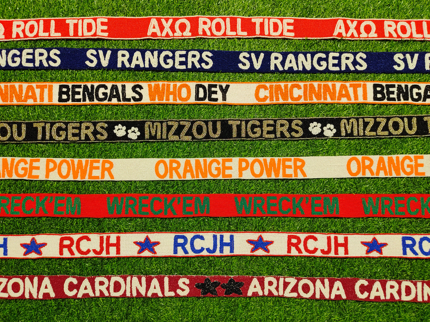 Beaded Purse Straps – AXΩ Roll Tide, SV Rangers, Cincinnati Bengals Who Dey, Mizzou Tigers, Orange Power, Wreck’Em, RCJH, Arizona Cardinals