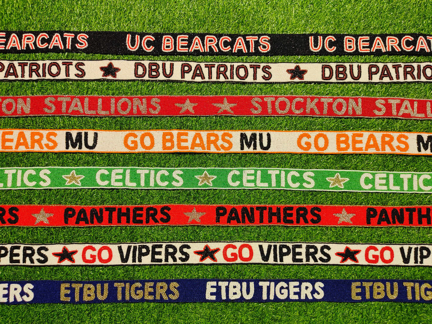 Beaded Purse Straps – UC Bearcats, DBU Patriots, Stockton Stallions, Go Bears MU, Celtics, Panthers, Go Vipers, ETBU Tigers Shoulder Straps