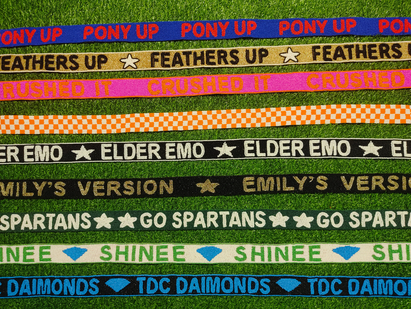 Custom Beaded Purse Straps – PONY UP, FEATHERS UP, CRUSHED IT, ELDER EMO, EMILY’S VERSION, GO SPARTANS, SHINEE, and TDC DAIMONDS (47" Long, 1.5" Wide)