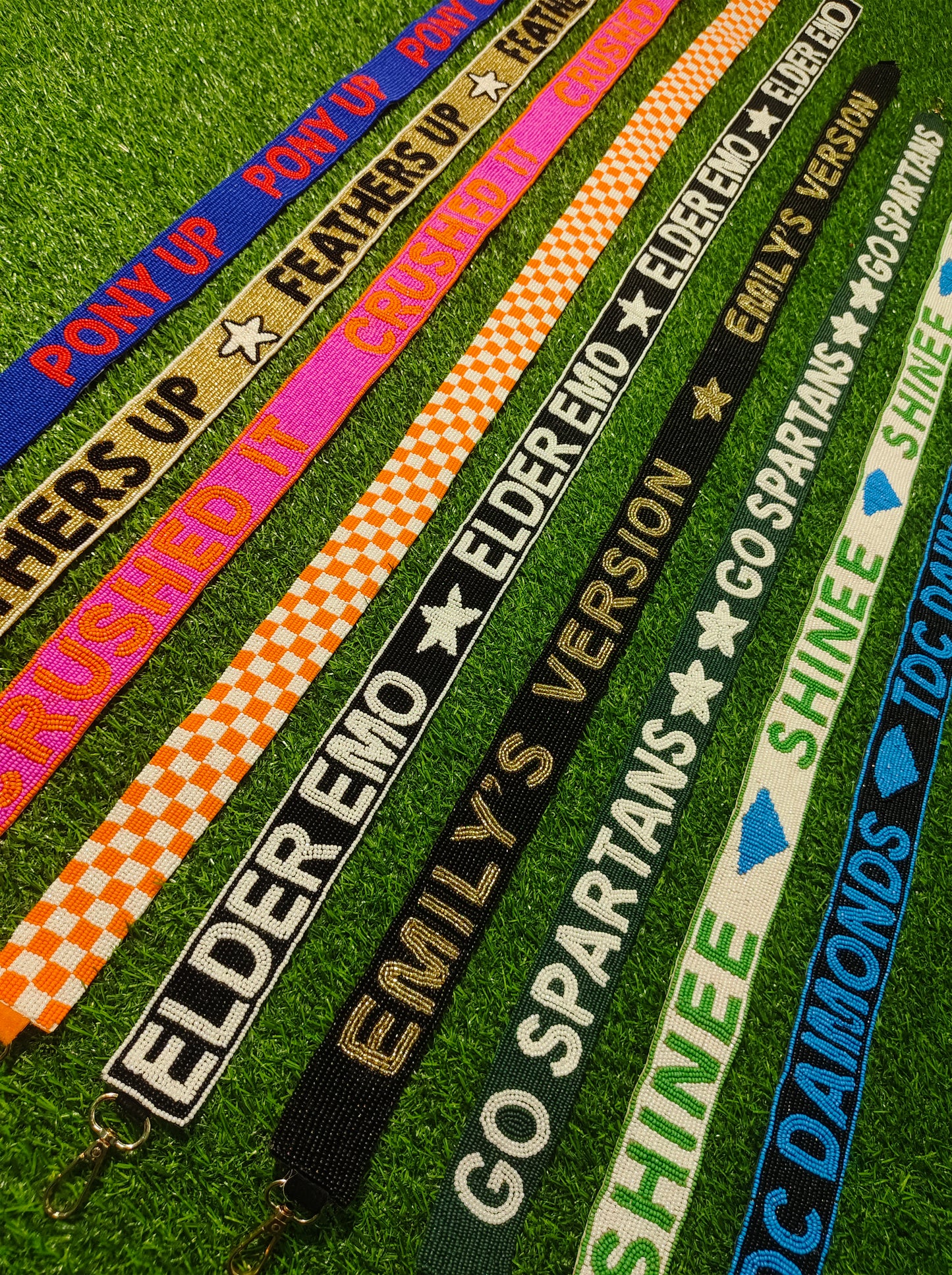 Custom Beaded Purse Straps – PONY UP, FEATHERS UP, CRUSHED IT, ELDER EMO, EMILY’S VERSION, GO SPARTANS, SHINEE, and TDC DAIMONDS (47" Long, 1.5" Wide)