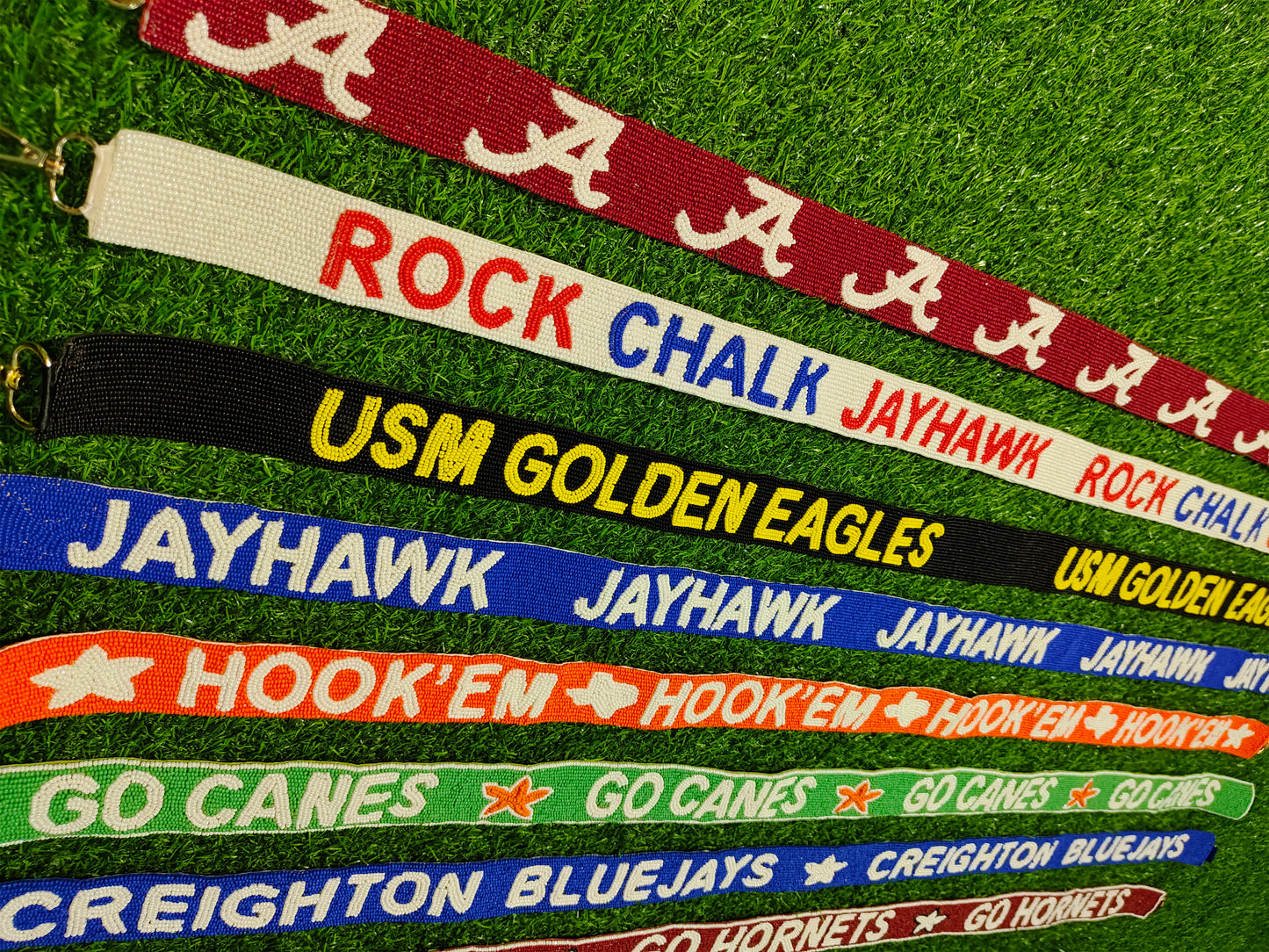 Beaded Purse Straps – Alabama, Kansas Jayhawks, USM Golden Eagles, Texas Longhorns, Miami Hurricanes, Creighton Bluejays, Alabama State Hornets
