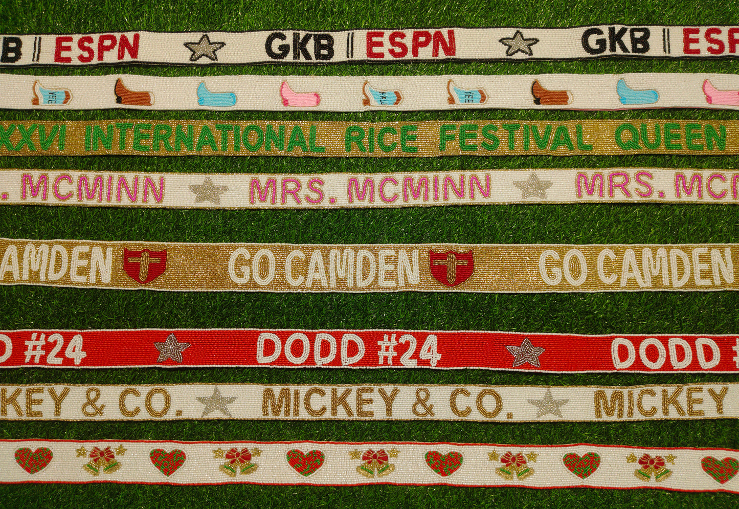Beaded Purse Straps – GKB | ESPN, LXXXVI INTERNATIONAL RICE FESTIVAL QUEEN, MRS. MCMINN, GO CAMDEN, DODD #24, MICKEY & CO., and Heart & Floral Design (47" Long, 1.5" Wide)