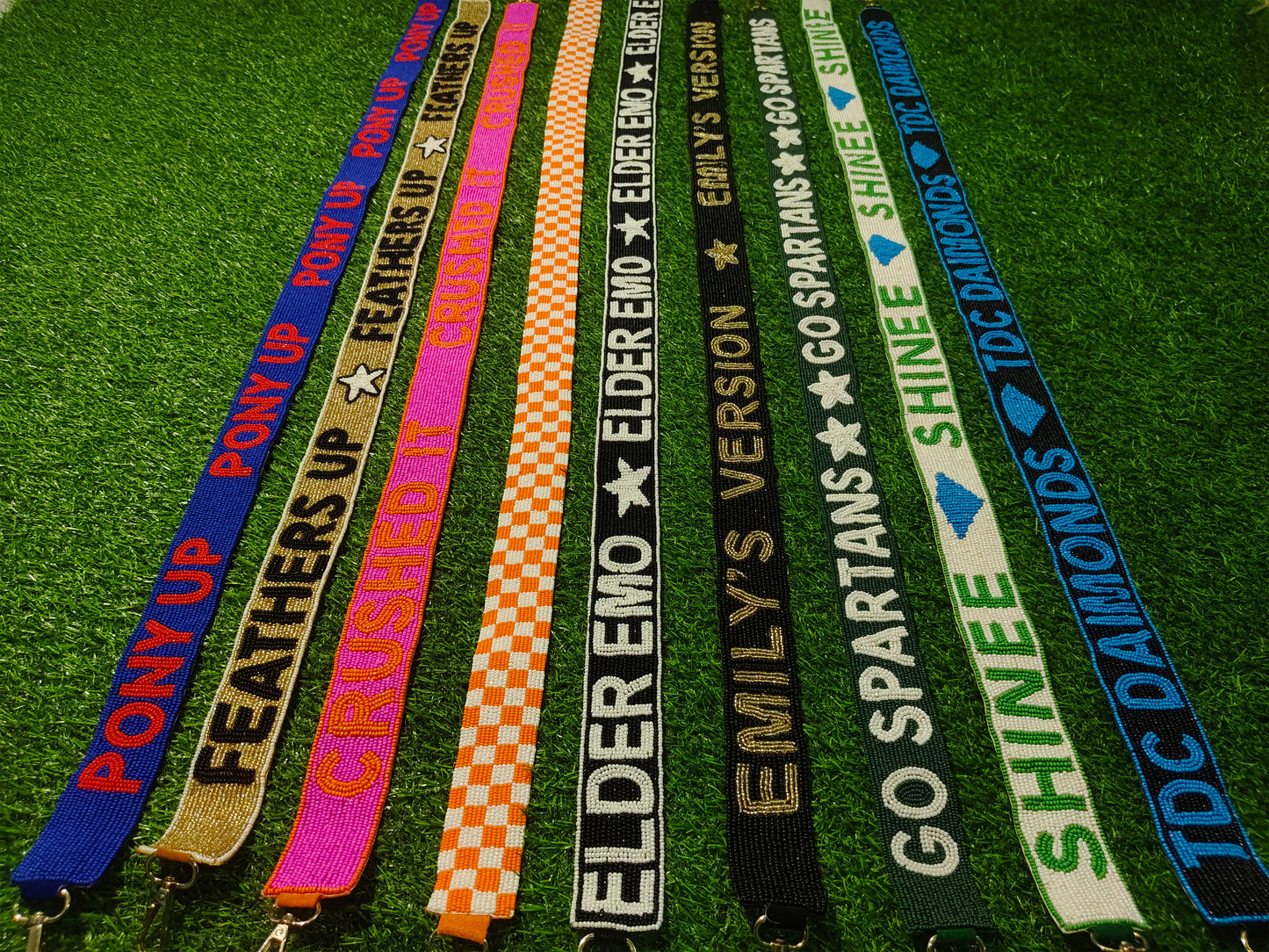Custom Beaded Purse Straps – PONY UP, FEATHERS UP, CRUSHED IT, ELDER EMO, EMILY’S VERSION, GO SPARTANS, SHINEE, and TDC DAIMONDS (47" Long, 1.5" Wide)