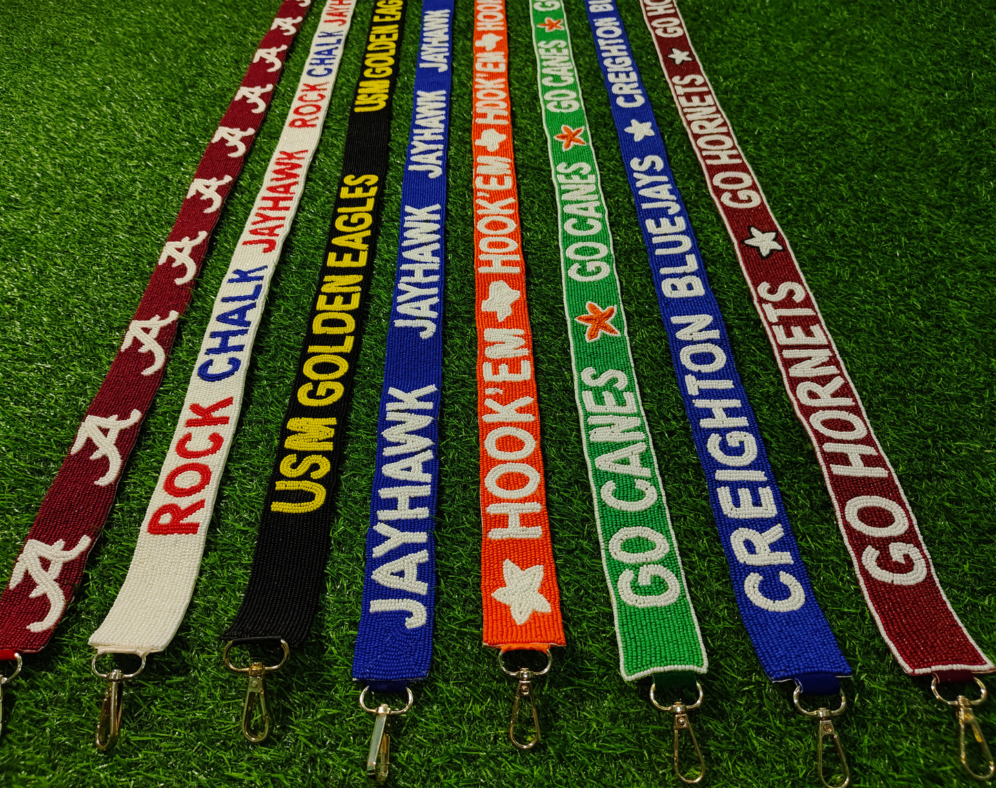 Beaded Purse Straps – Alabama, Kansas Jayhawks, USM Golden Eagles, Texas Longhorns, Miami Hurricanes, Creighton Bluejays, Alabama State Hornets