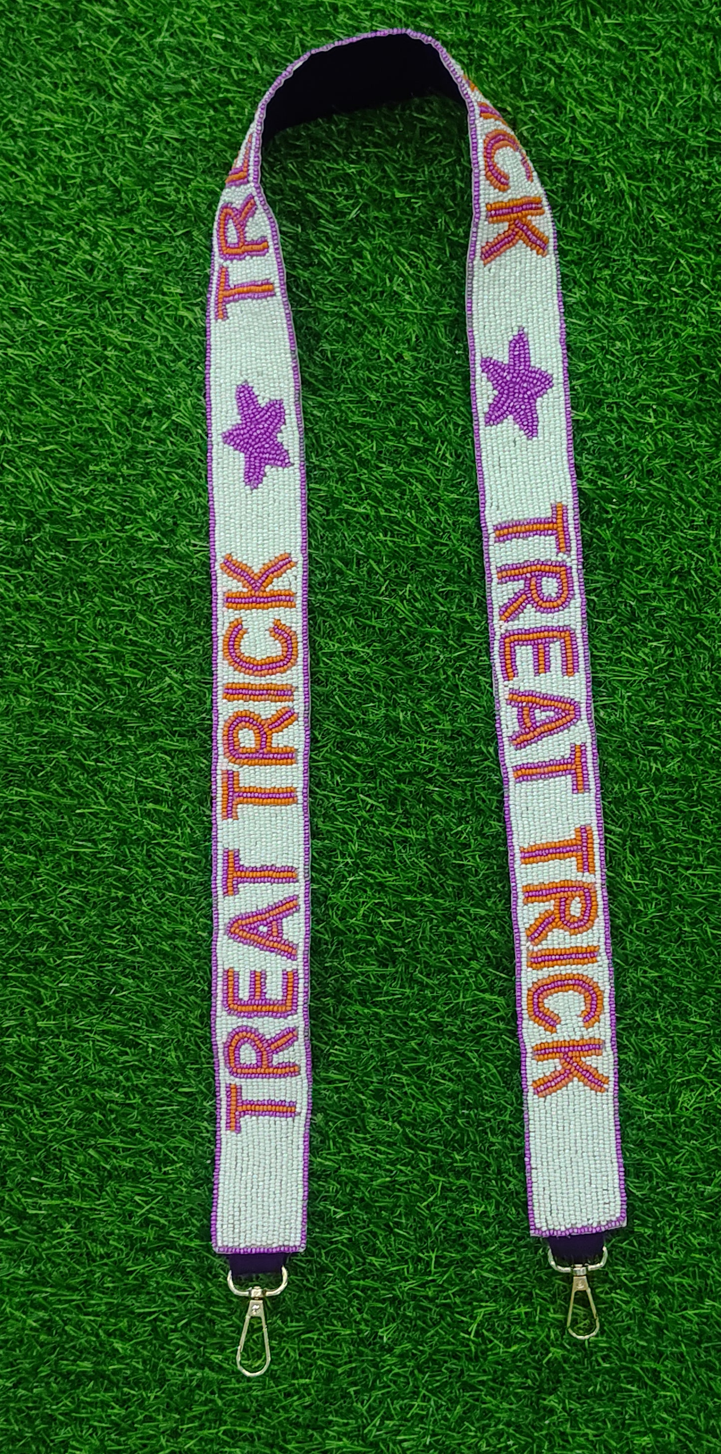 Halloween-Themed Beaded Purse Straps – HELLOWEEN Ghost, Jack-O'-Lantern Pumpkins, and TREAT TRICK (47" Long, 1.5" Wide)