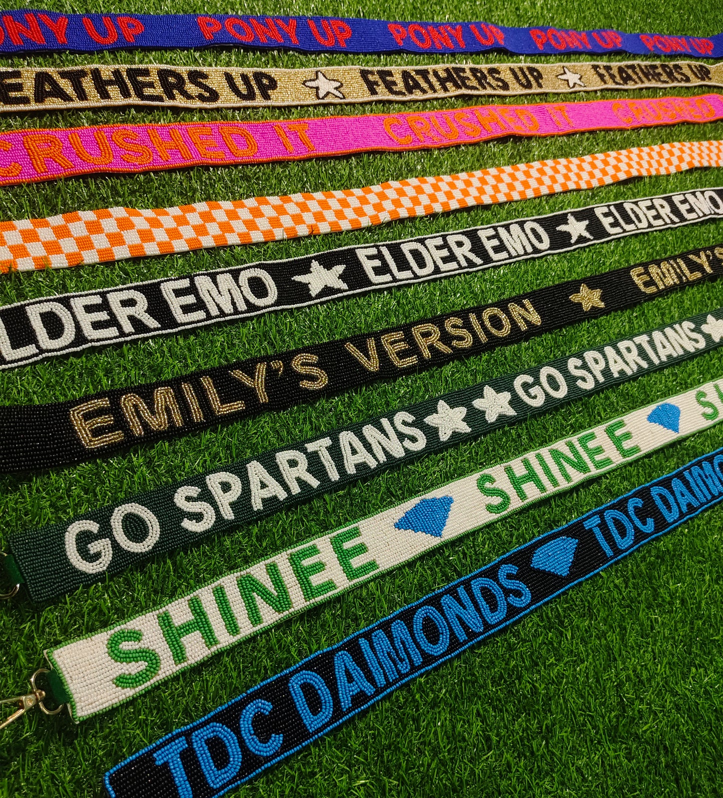 Custom Beaded Purse Straps – PONY UP, FEATHERS UP, CRUSHED IT, ELDER EMO, EMILY’S VERSION, GO SPARTANS, SHINEE, and TDC DAIMONDS (47" Long, 1.5" Wide)