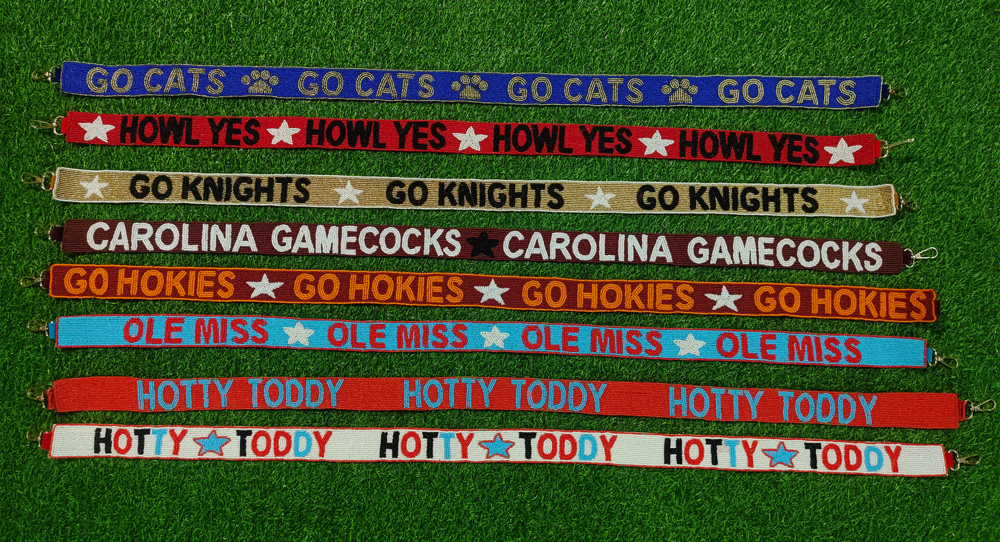 Beaded Purse Straps – Go Cats, Howl Yes, Go Knights, Carolina Gamecocks, Go Hokies, Ole Miss, Hotty Toddy (47" x 1.5")