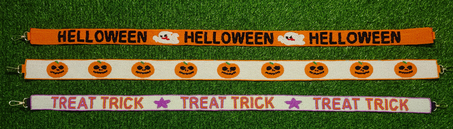 Halloween-Themed Beaded Purse Straps – HELLOWEEN Ghost, Jack-O'-Lantern Pumpkins, and TREAT TRICK (47" Long, 1.5" Wide)