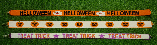 Halloween-Themed Beaded Purse Straps – HELLOWEEN Ghost, Jack-O'-Lantern Pumpkins, and TREAT TRICK (47" Long, 1.5" Wide)