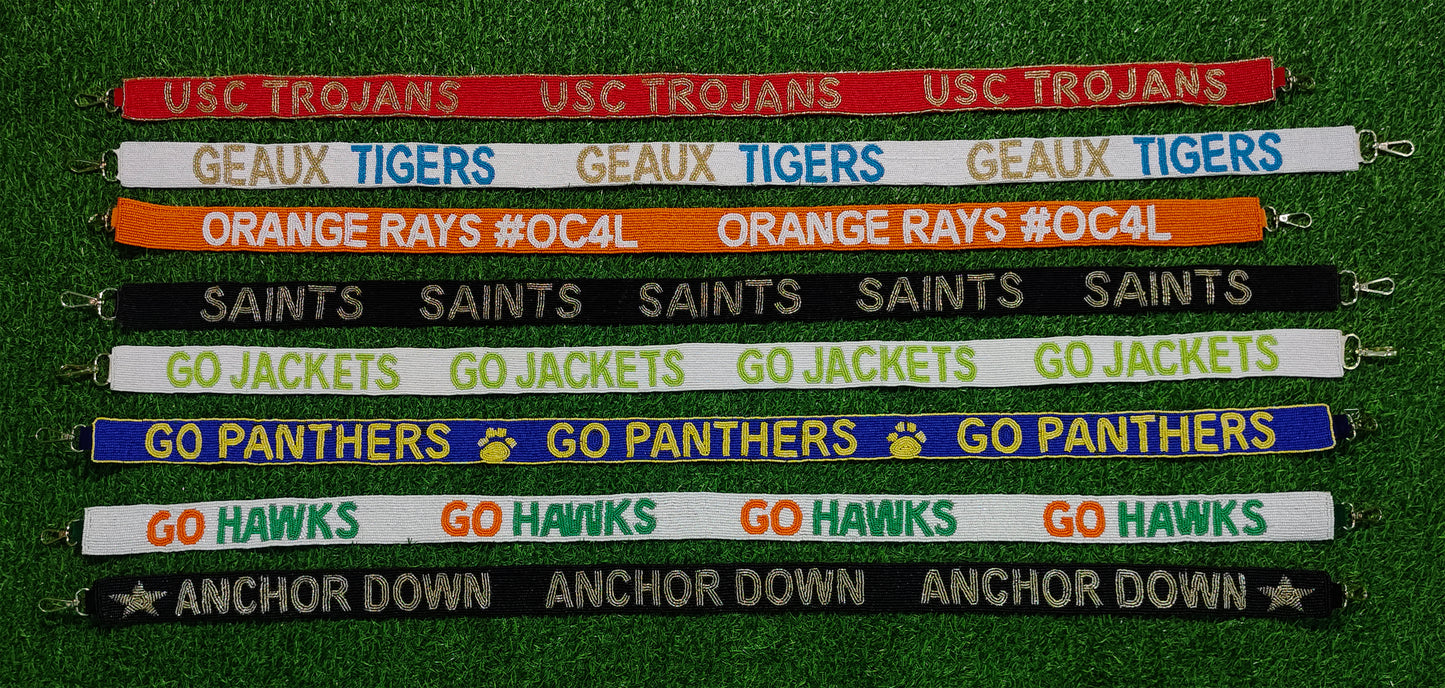 Game Day Beaded Purse Straps – USC Trojans, Geaux Tigers, Orange Rays #OC4L, Saints, Go Jackets, Go Panthers, Go Hawks, Anchor Down – 47 Inches Long, 1.5 Inches Wide