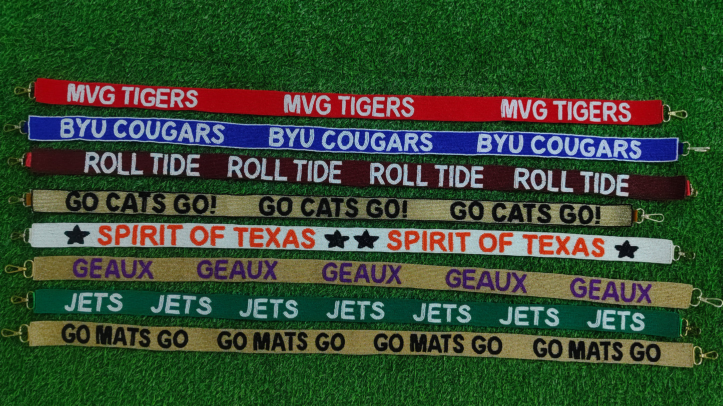 Beaded Purse Straps – MVG Tigers, BYU Cougars, Roll Tide, Go Cats Go, Spirit of Texas, Geaux, Jets, Go Mats Go (47" x 1.5")