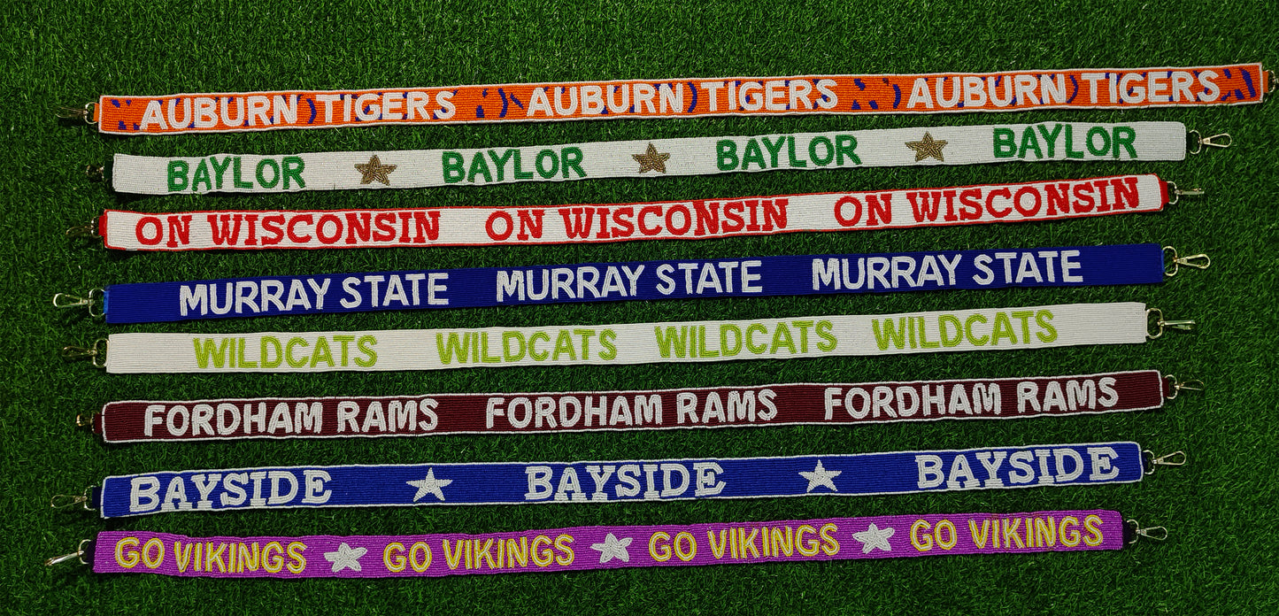 Game Day Beaded Purse Straps – Auburn Tigers, Baylor, On Wisconsin, Murray State, Wildcats, Fordham Rams, Bayside, Go Vikings – 47 Inches Long, 1.5 Inches Wide