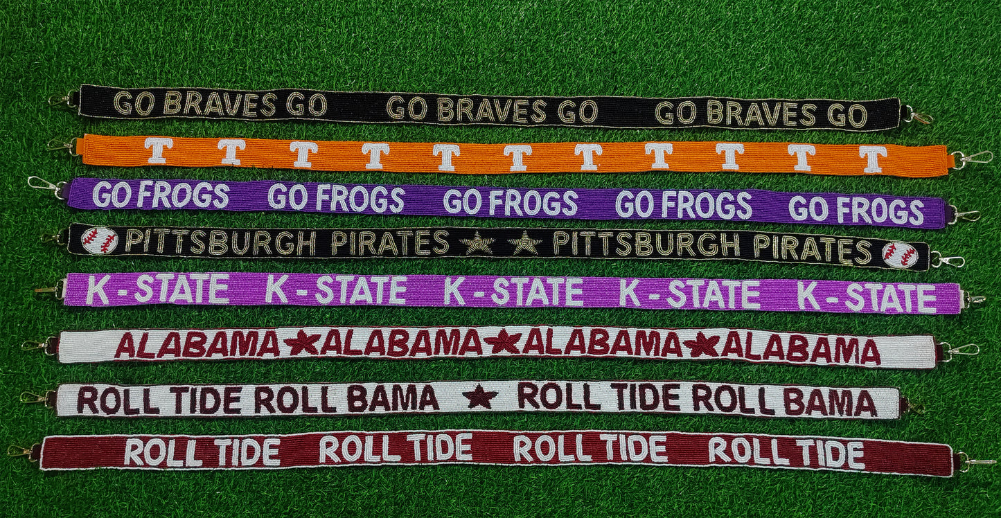 Beaded Purse Straps – Go Braves, Tennessee, Go Frogs, Pittsburgh Pirates, K-State, Alabama, Roll Tide (47" x 1.5")