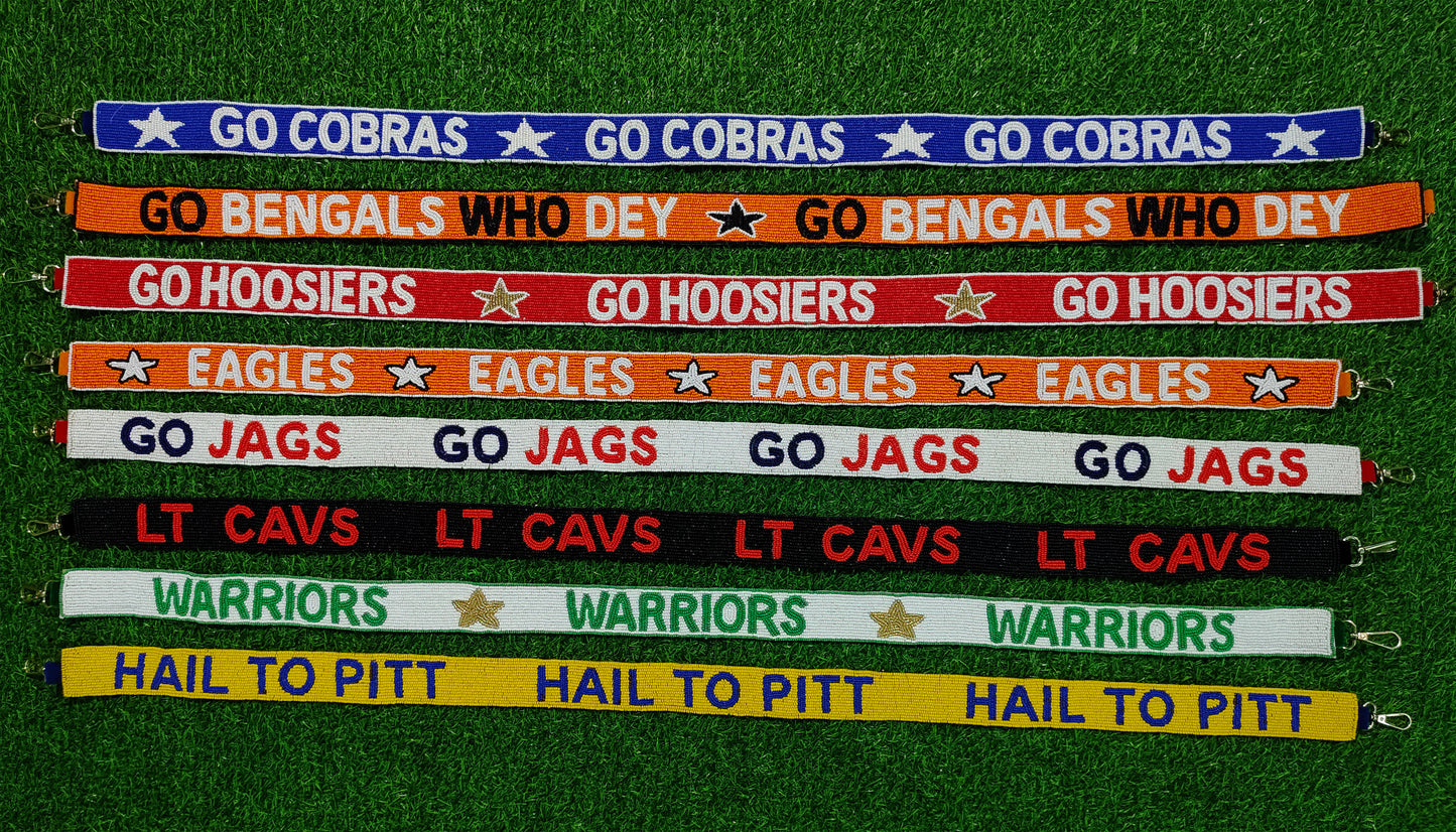 Beaded Purse Strap – "Go Cobras," "Go Bengals Who Dey," "Go Hoosiers," "Eagles," "Go Jags," "LT Cavs," "Warriors," and "Hail to Pitt!"