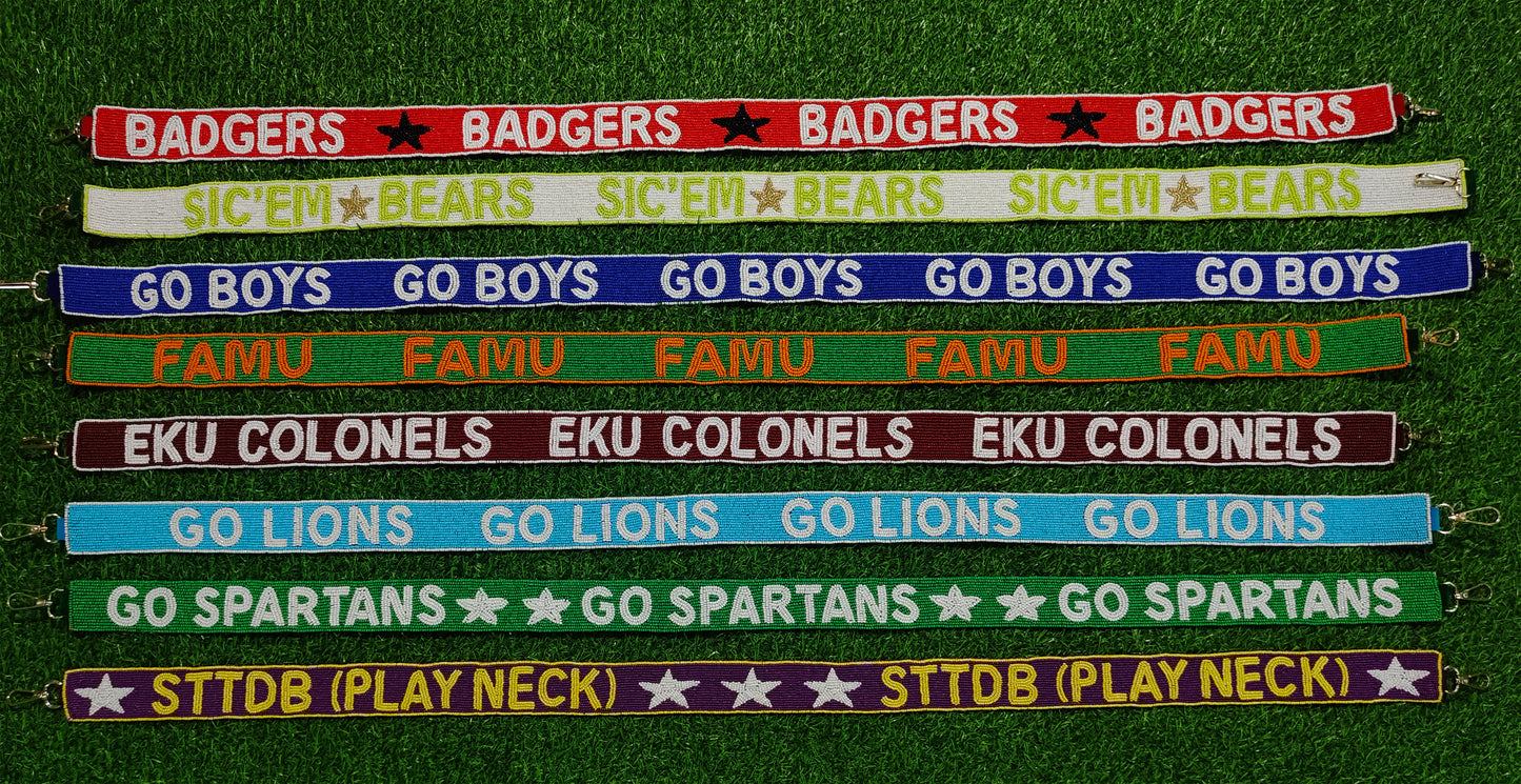 Game Day Beaded Purse Straps – Badgers, Sic ‘Em Bears, Go Boys, FAMU, EKU Colonels, Go Lions, Go Spartans, STTDB Play Neck – 47 Inches Long, 1.5 Inches Wide