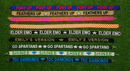 Custom Beaded Purse Straps – PONY UP, FEATHERS UP, CRUSHED IT, ELDER EMO, EMILY’S VERSION, GO SPARTANS, SHINEE, and TDC DAIMONDS (47" Long, 1.5" Wide)