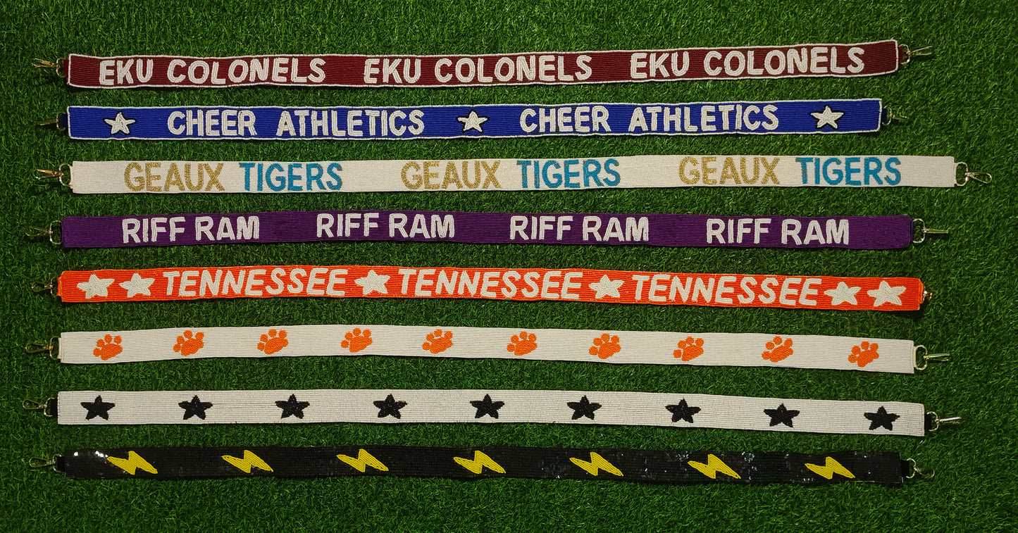 Beaded Purse Straps – EKU Colonels, Cheer Athletics, Geaux Tigers, Riff Ram, Tennessee, Paw Print, Black Stars, Lightning Bolt Shoulder Straps