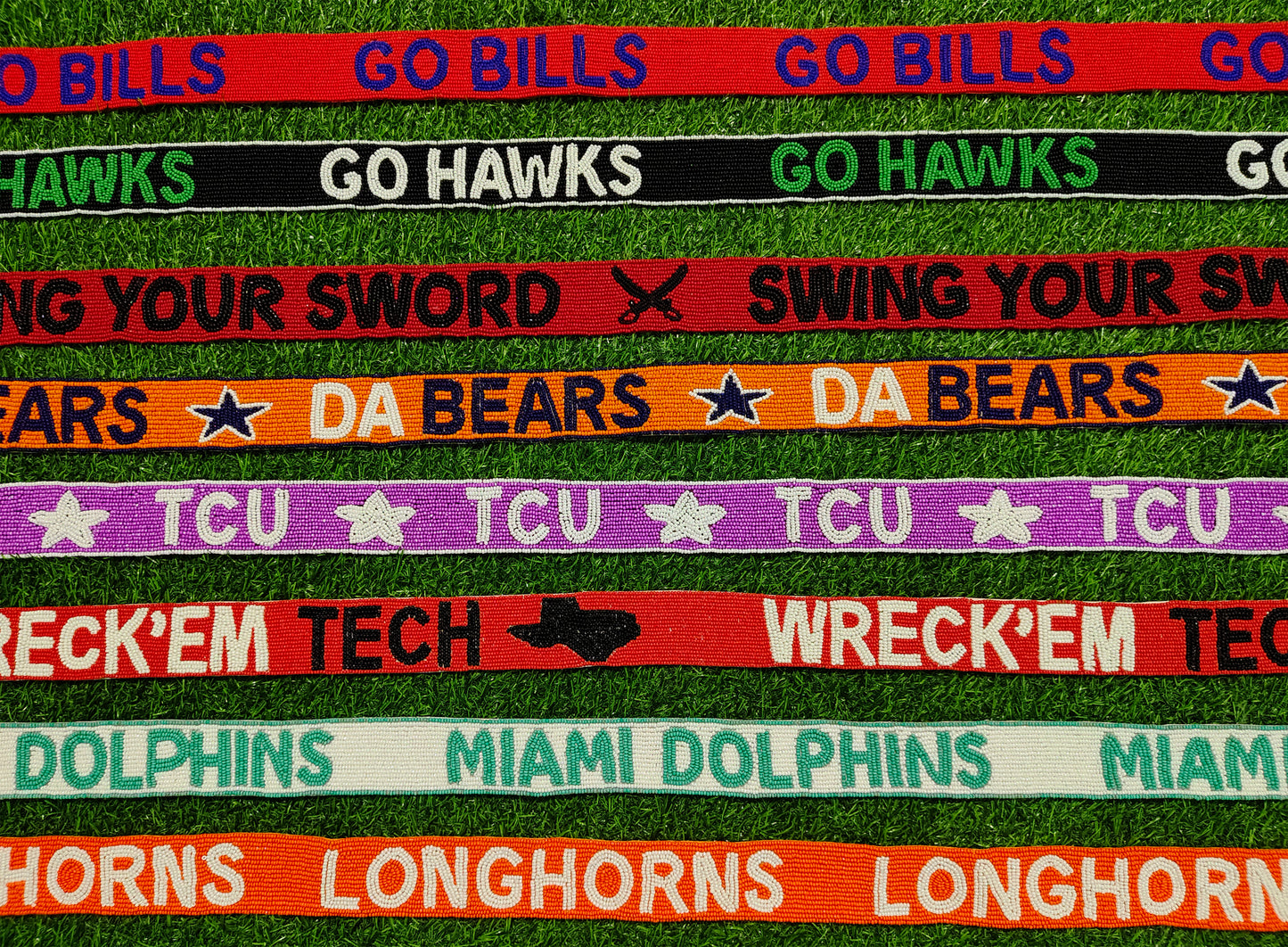 Game Day Beaded Purse Strap – Go Bills, Go Hawks, Swing Your Sword, Da Bears, TCU, Wreck ‘Em Tech, Miami Dolphins, and Longhorns – 47 Inches Long and 1.5 Inches Wide