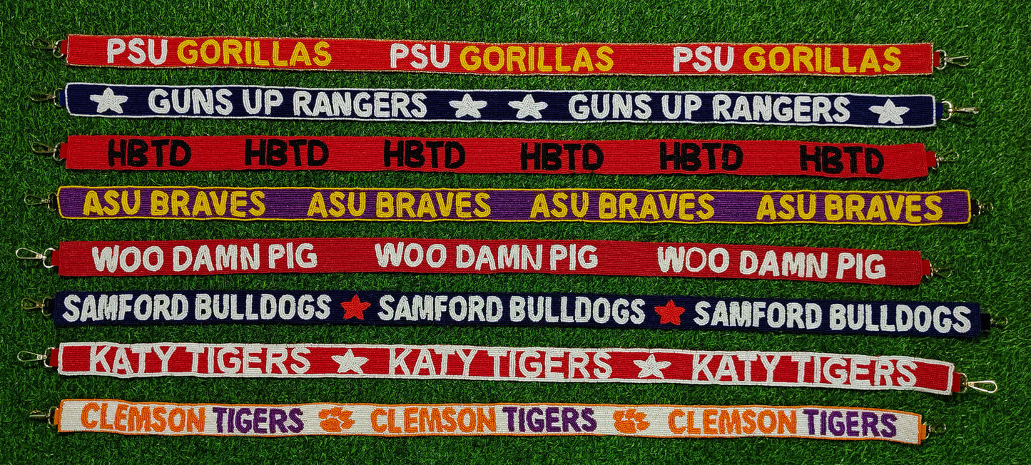 Beaded Purse Straps – PSU Gorillas, Guns Up Rangers, HBTD, ASU Braves, Woo Damn Pig, Samford Bulldogs, Katy Tigers, Clemson Tigers