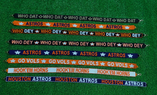 Beaded Purse Strap – "Who Dat," "Who Dey," "Go Vols," "Hook 'Em Horns," "Houston Astros" – 47" Long, 1.5" Wide