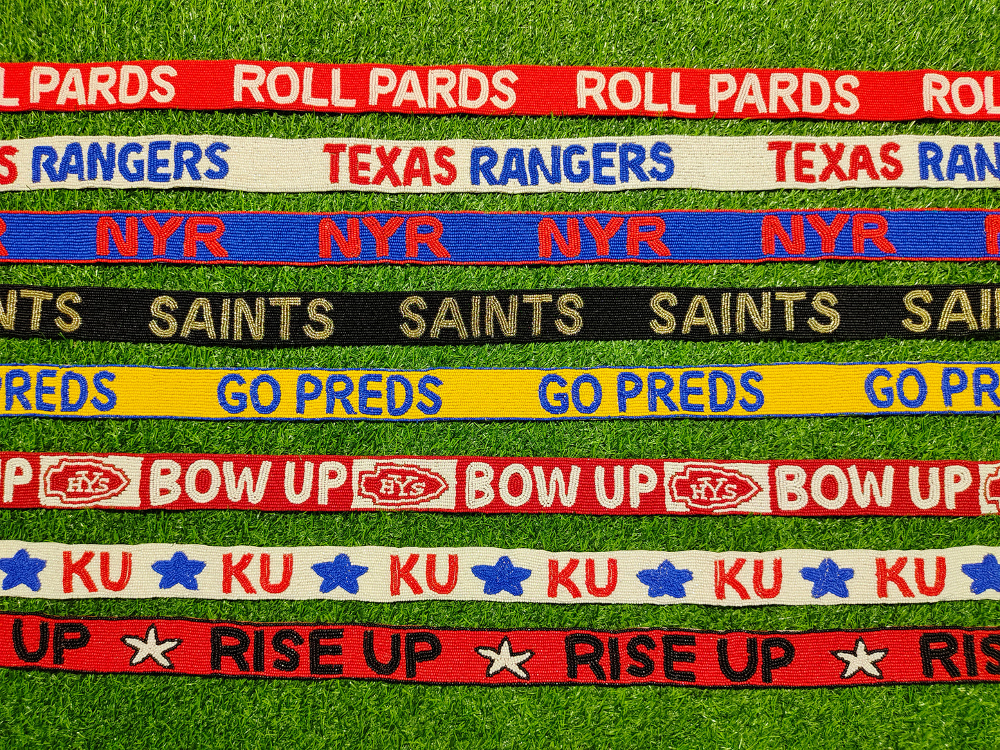Beaded Purse Straps – ROLL PARDS, TEXAS RANGERS, NYR, SAINTS, GO PREDS, BOW UP, KU, RISE UP Bag Straps