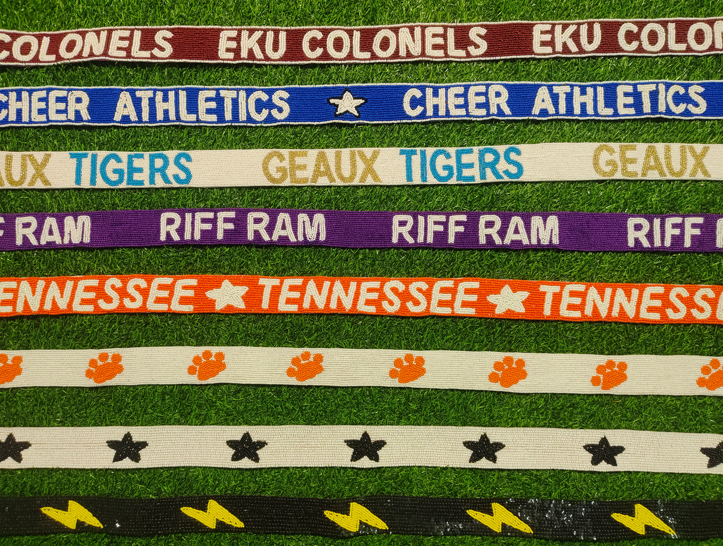 Beaded Purse Straps – EKU Colonels, Cheer Athletics, Geaux Tigers, Riff Ram, Tennessee, Paw Print, Black Stars, Lightning Bolt Shoulder Straps