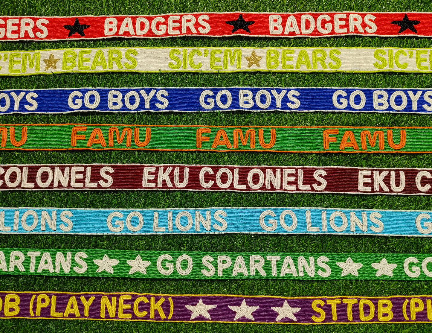 Game Day Beaded Purse Straps – Badgers, Sic ‘Em Bears, Go Boys, FAMU, EKU Colonels, Go Lions, Go Spartans, STTDB Play Neck – 47 Inches Long, 1.5 Inches Wide