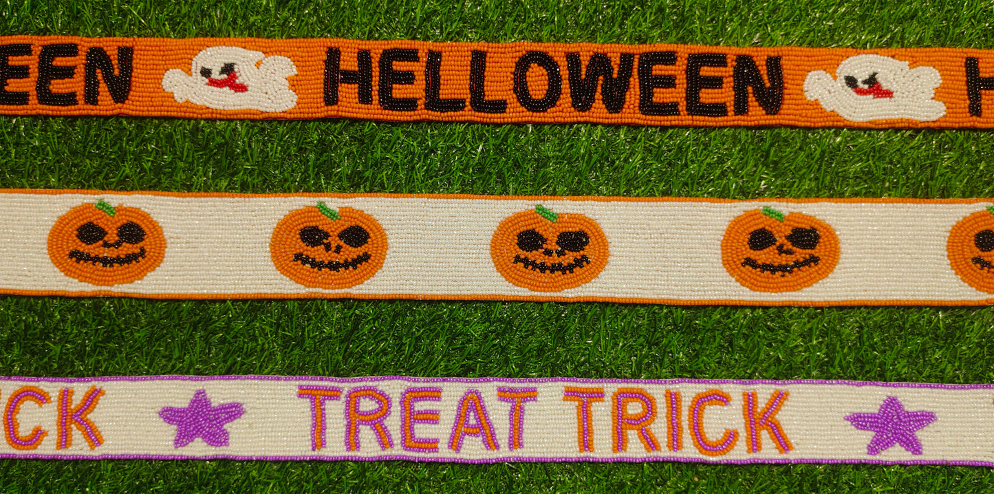 Halloween-Themed Beaded Purse Straps – HELLOWEEN Ghost, Jack-O'-Lantern Pumpkins, and TREAT TRICK (47" Long, 1.5" Wide)