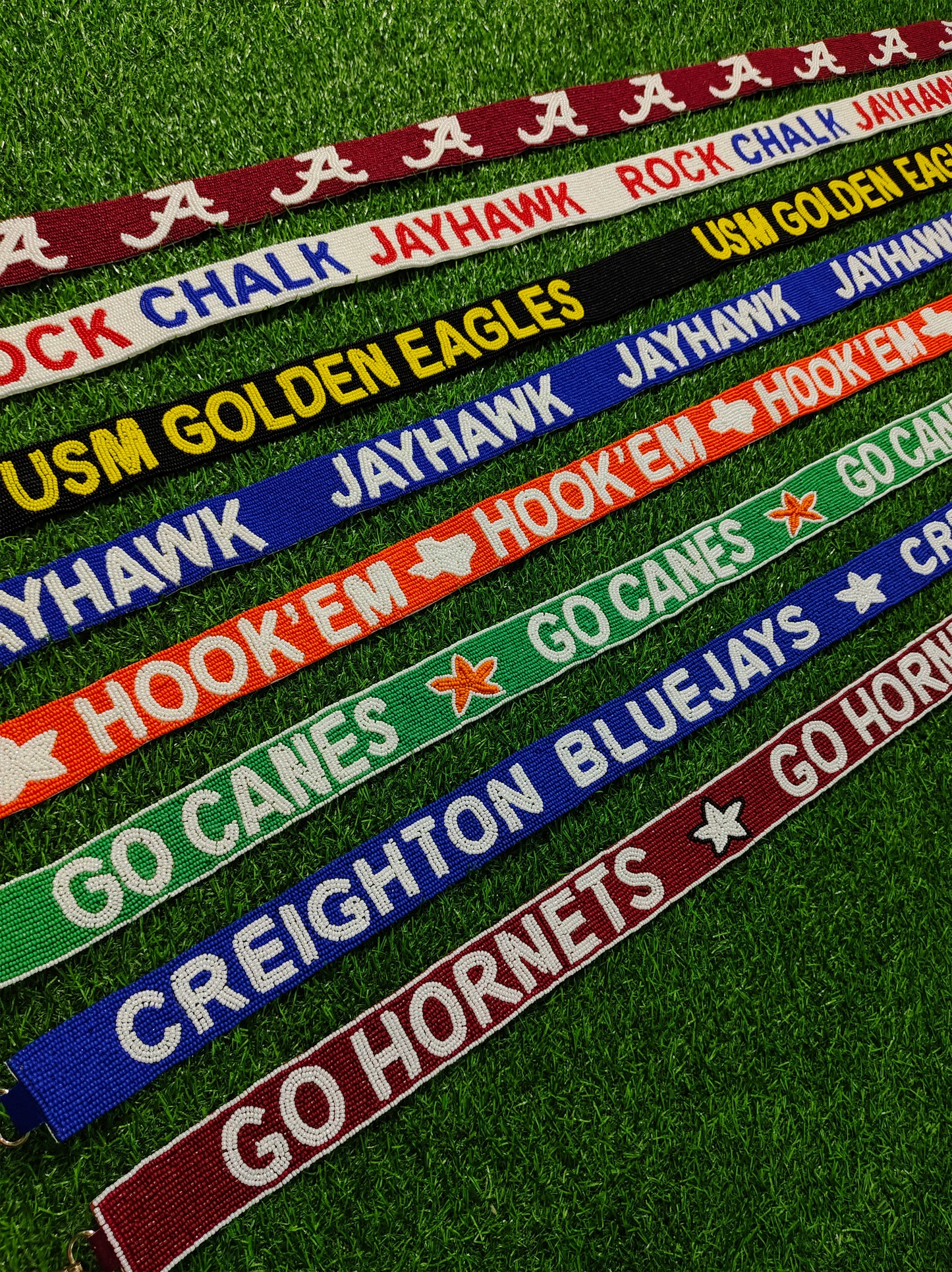 Beaded Purse Straps – Alabama, Kansas Jayhawks, USM Golden Eagles, Texas Longhorns, Miami Hurricanes, Creighton Bluejays, Alabama State Hornets