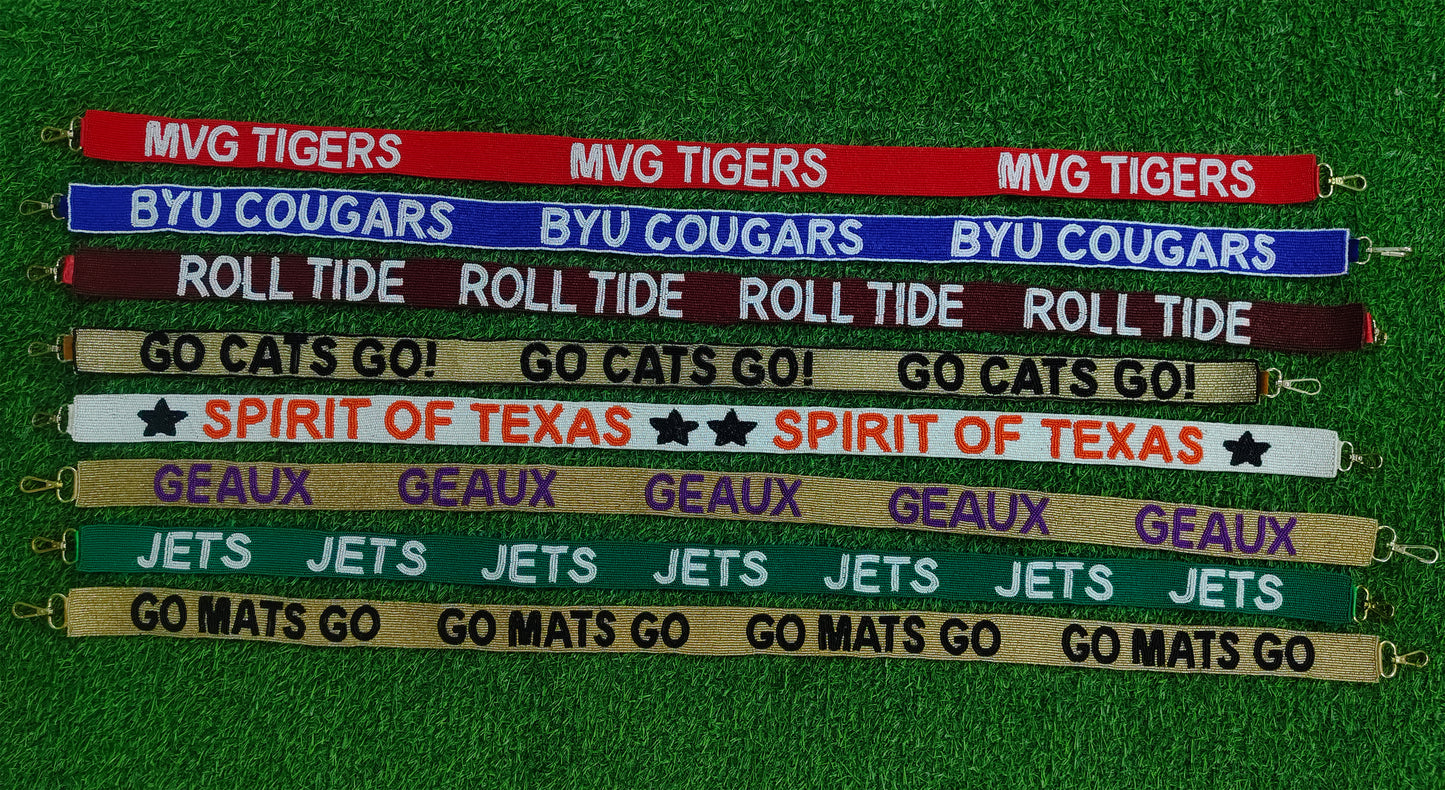 Beaded Purse Straps – MVG Tigers, BYU Cougars, Roll Tide, Go Cats Go, Spirit of Texas, Geaux, Jets, Go Mats Go (47" x 1.5")