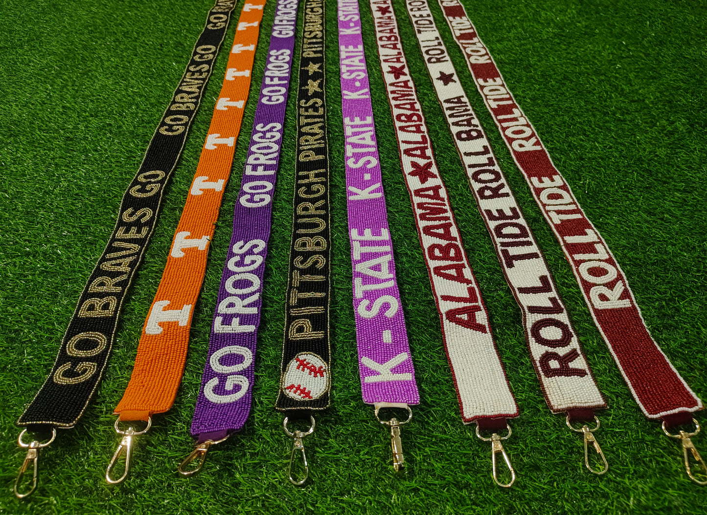 Beaded Purse Straps – Go Braves, Tennessee, Go Frogs, Pittsburgh Pirates, K-State, Alabama, Roll Tide (47" x 1.5")