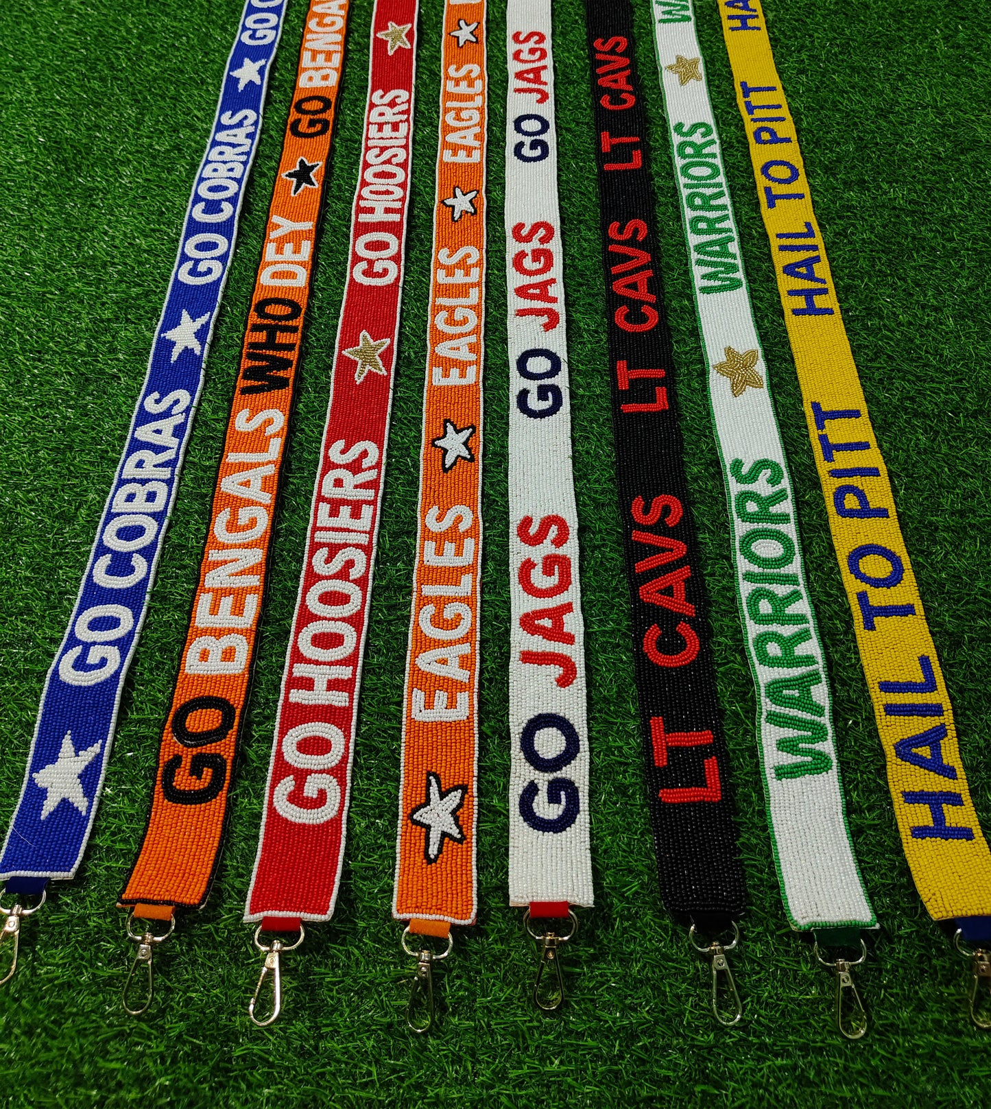 Beaded Purse Strap – "Go Cobras," "Go Bengals Who Dey," "Go Hoosiers," "Eagles," "Go Jags," "LT Cavs," "Warriors," and "Hail to Pitt!"