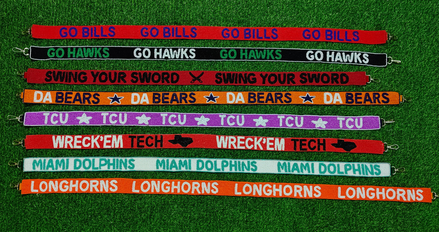 Game Day Beaded Purse Strap – Go Bills, Go Hawks, Swing Your Sword, Da Bears, TCU, Wreck ‘Em Tech, Miami Dolphins, and Longhorns – 47 Inches Long and 1.5 Inches Wide