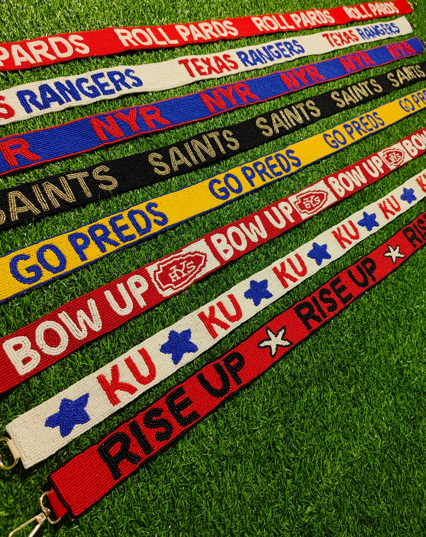 Beaded Purse Straps – ROLL PARDS, TEXAS RANGERS, NYR, SAINTS, GO PREDS, BOW UP, KU, RISE UP Bag Straps