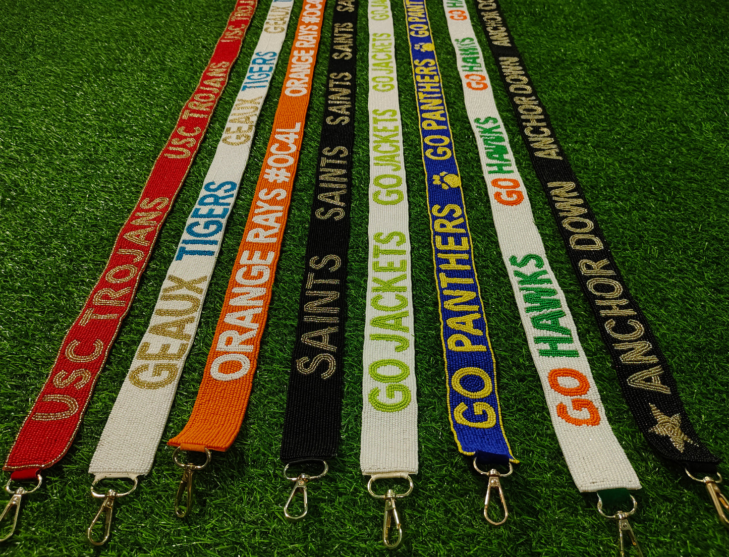 Game Day Beaded Purse Straps – USC Trojans, Geaux Tigers, Orange Rays #OC4L, Saints, Go Jackets, Go Panthers, Go Hawks, Anchor Down – 47 Inches Long, 1.5 Inches Wide