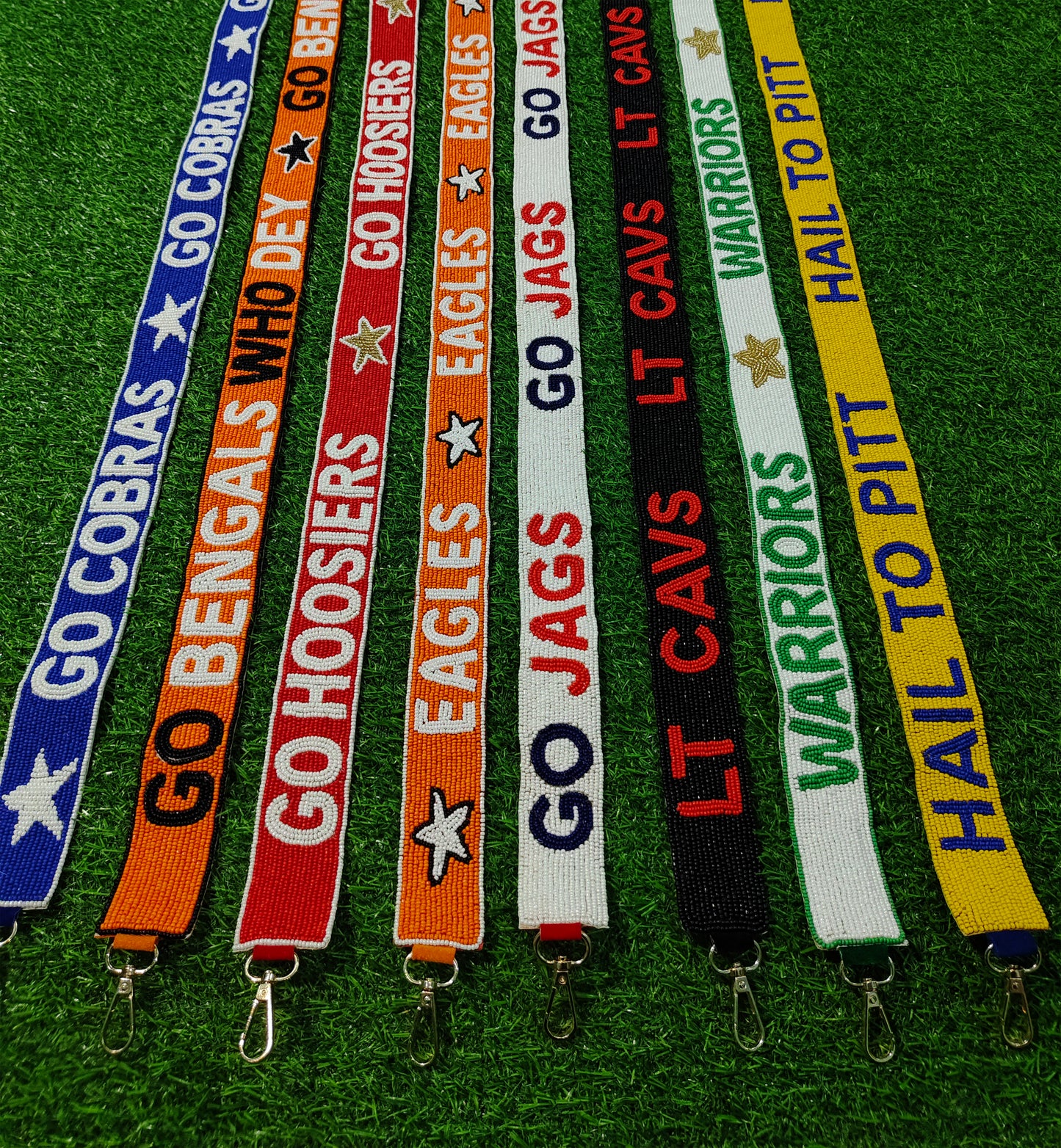 Beaded Purse Strap – "Go Cobras," "Go Bengals Who Dey," "Go Hoosiers," "Eagles," "Go Jags," "LT Cavs," "Warriors," and "Hail to Pitt!"