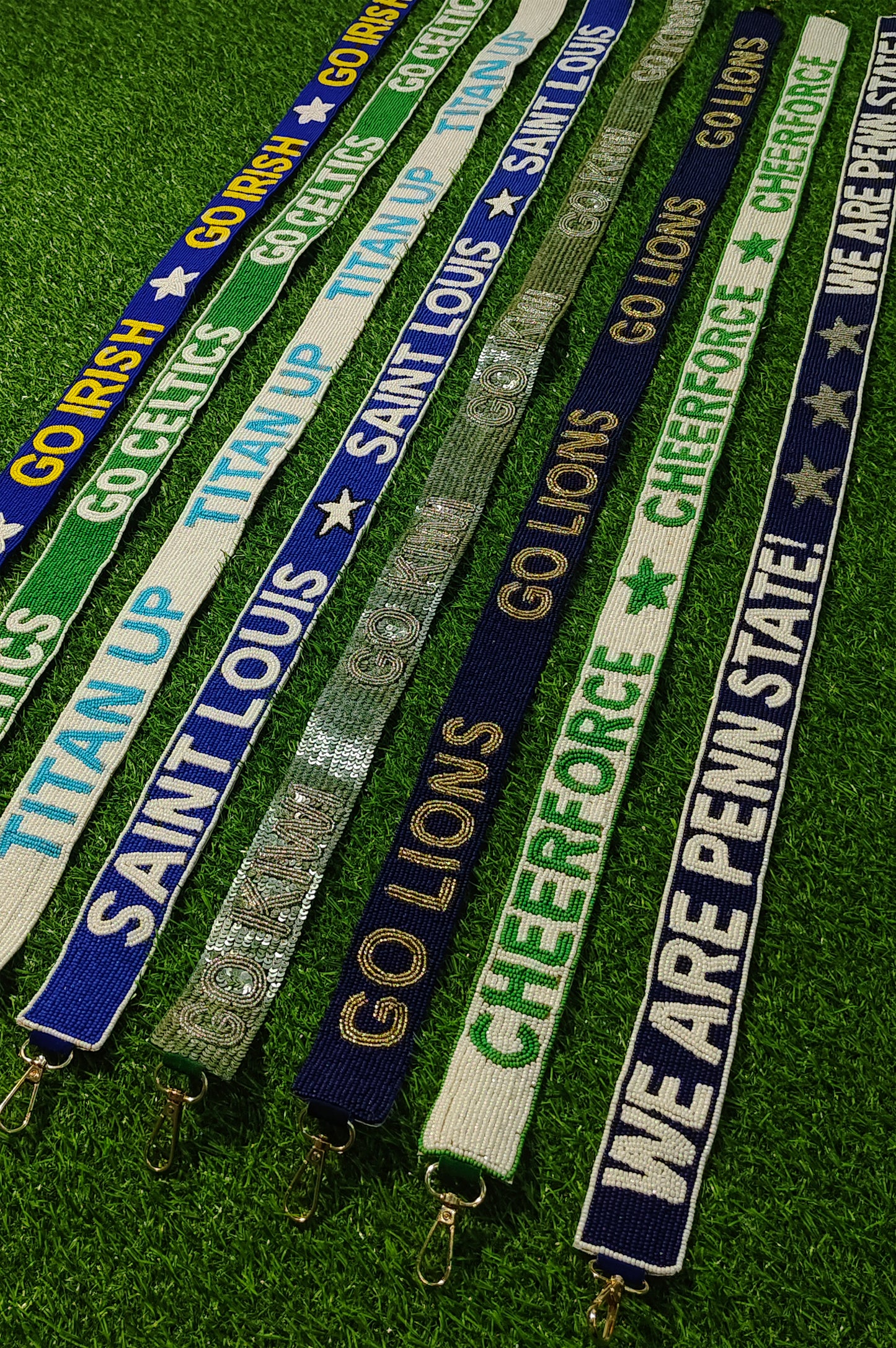 Beaded Purse Strap – "Go Irish," "Go Celtics," "Titan Up," "Saint Louis," "Go Kiwi," "Go Lions," "CheerForce," and "We Are Penn State!" Designs