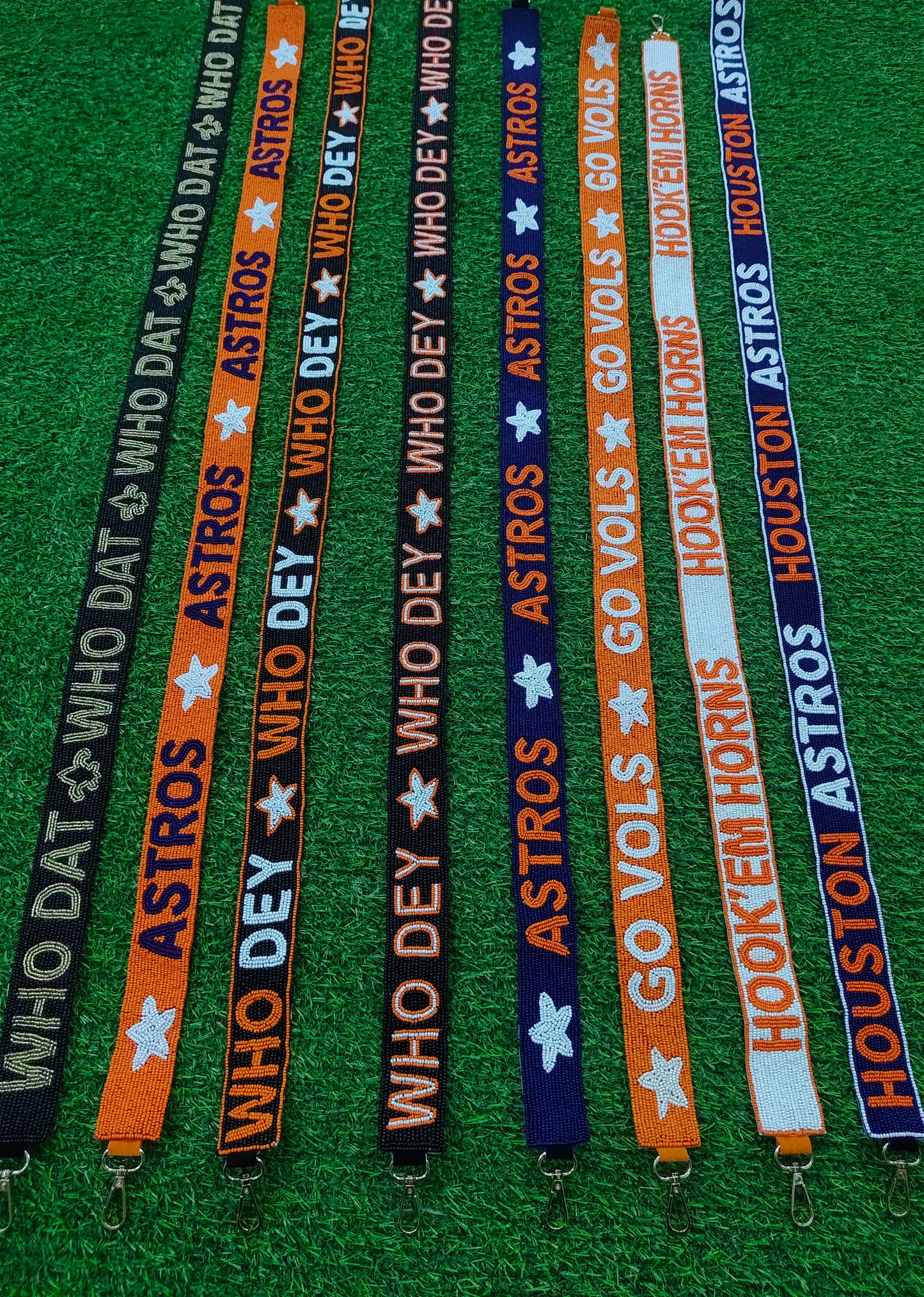 Beaded Purse Strap – "Who Dat," "Who Dey," "Go Vols," "Hook 'Em Horns," "Houston Astros" – 47" Long, 1.5" Wide