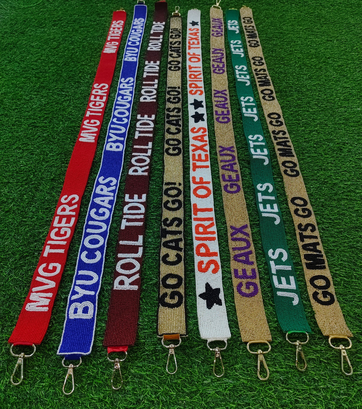 Beaded Purse Straps – MVG Tigers, BYU Cougars, Roll Tide, Go Cats Go, Spirit of Texas, Geaux, Jets, Go Mats Go (47" x 1.5")