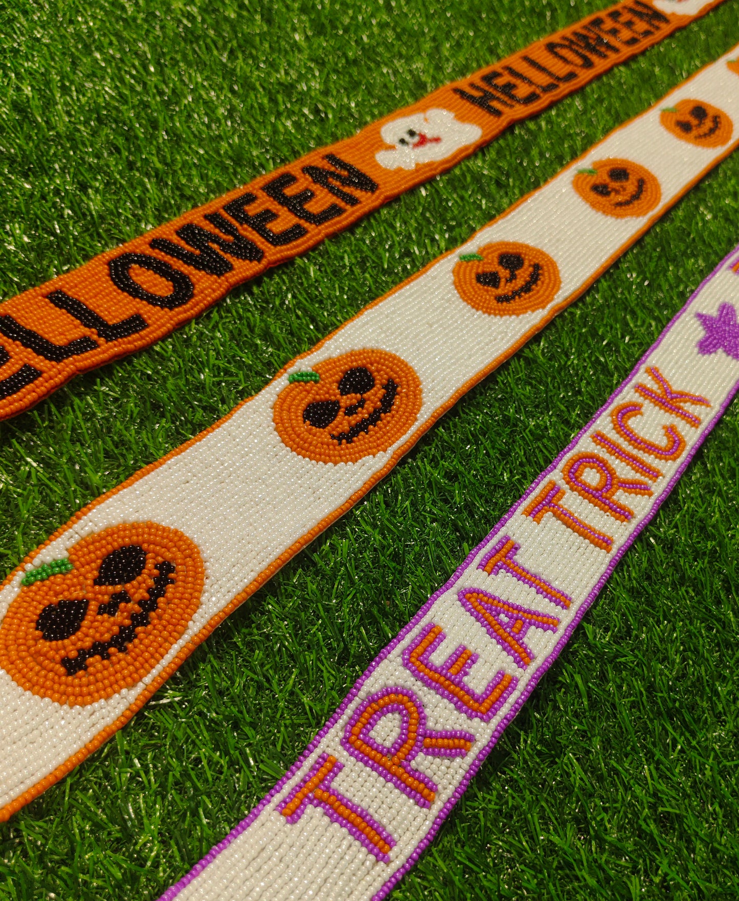 Halloween-Themed Beaded Purse Straps – HELLOWEEN Ghost, Jack-O'-Lantern Pumpkins, and TREAT TRICK (47" Long, 1.5" Wide)