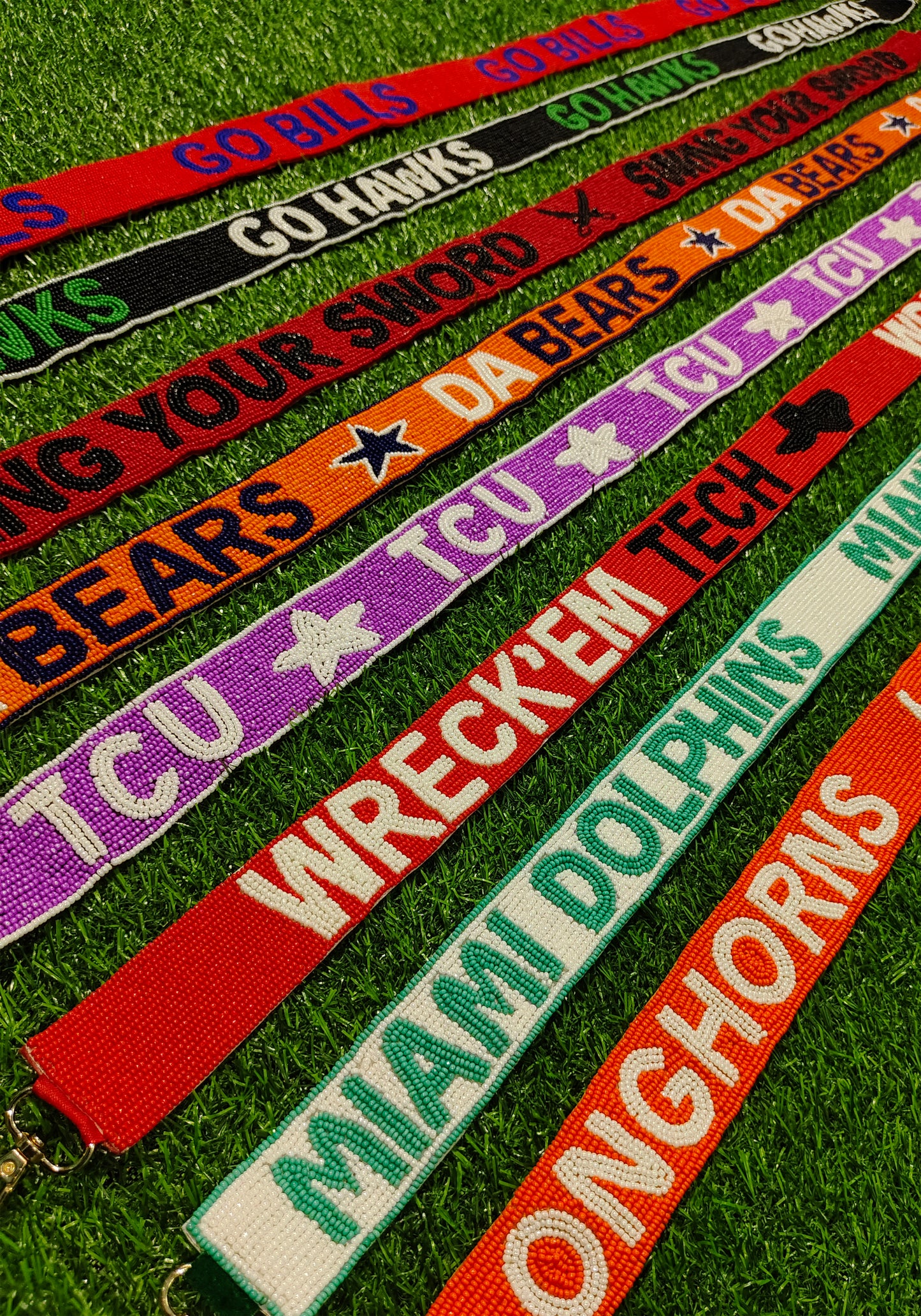 Game Day Beaded Purse Strap – Go Bills, Go Hawks, Swing Your Sword, Da Bears, TCU, Wreck ‘Em Tech, Miami Dolphins, and Longhorns – 47 Inches Long and 1.5 Inches Wide