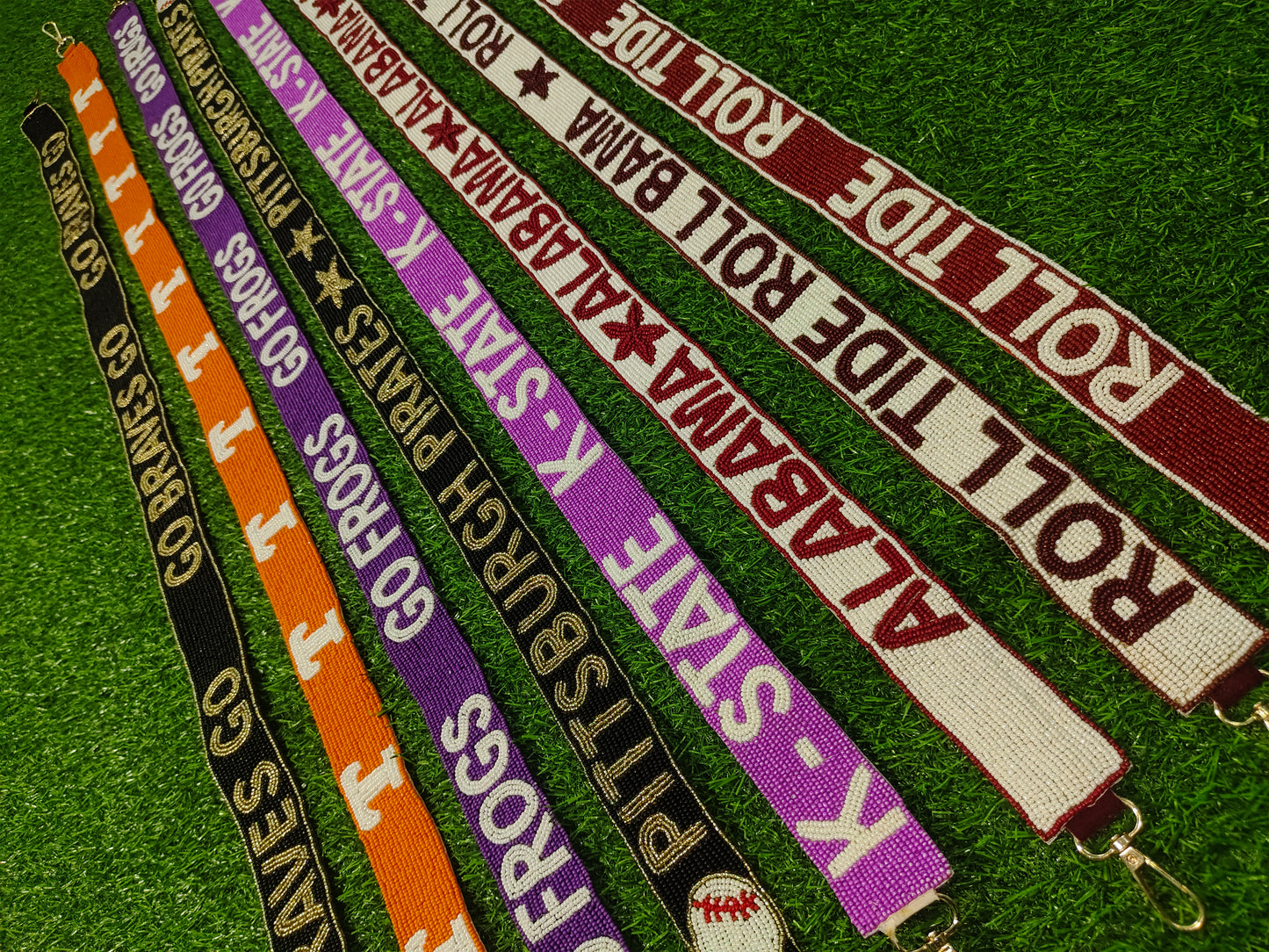 Beaded Purse Straps – Go Braves, Tennessee, Go Frogs, Pittsburgh Pirates, K-State, Alabama, Roll Tide (47" x 1.5")