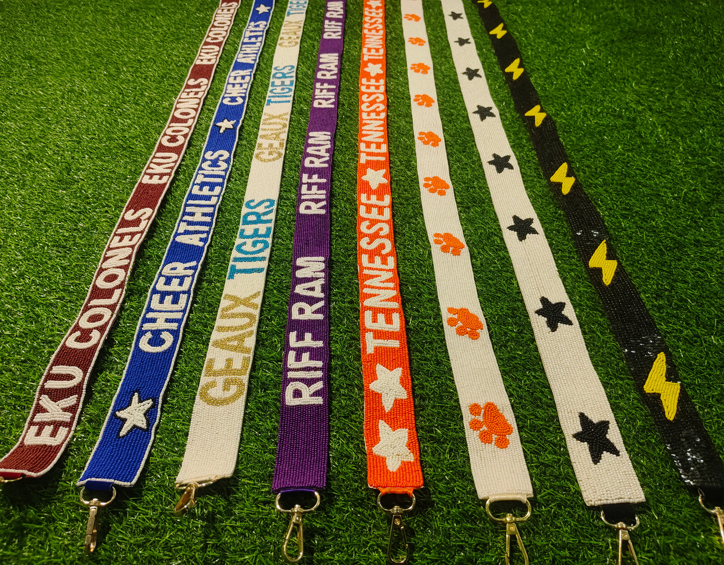 Beaded Purse Straps – EKU Colonels, Cheer Athletics, Geaux Tigers, Riff Ram, Tennessee, Paw Print, Black Stars, Lightning Bolt Shoulder Straps