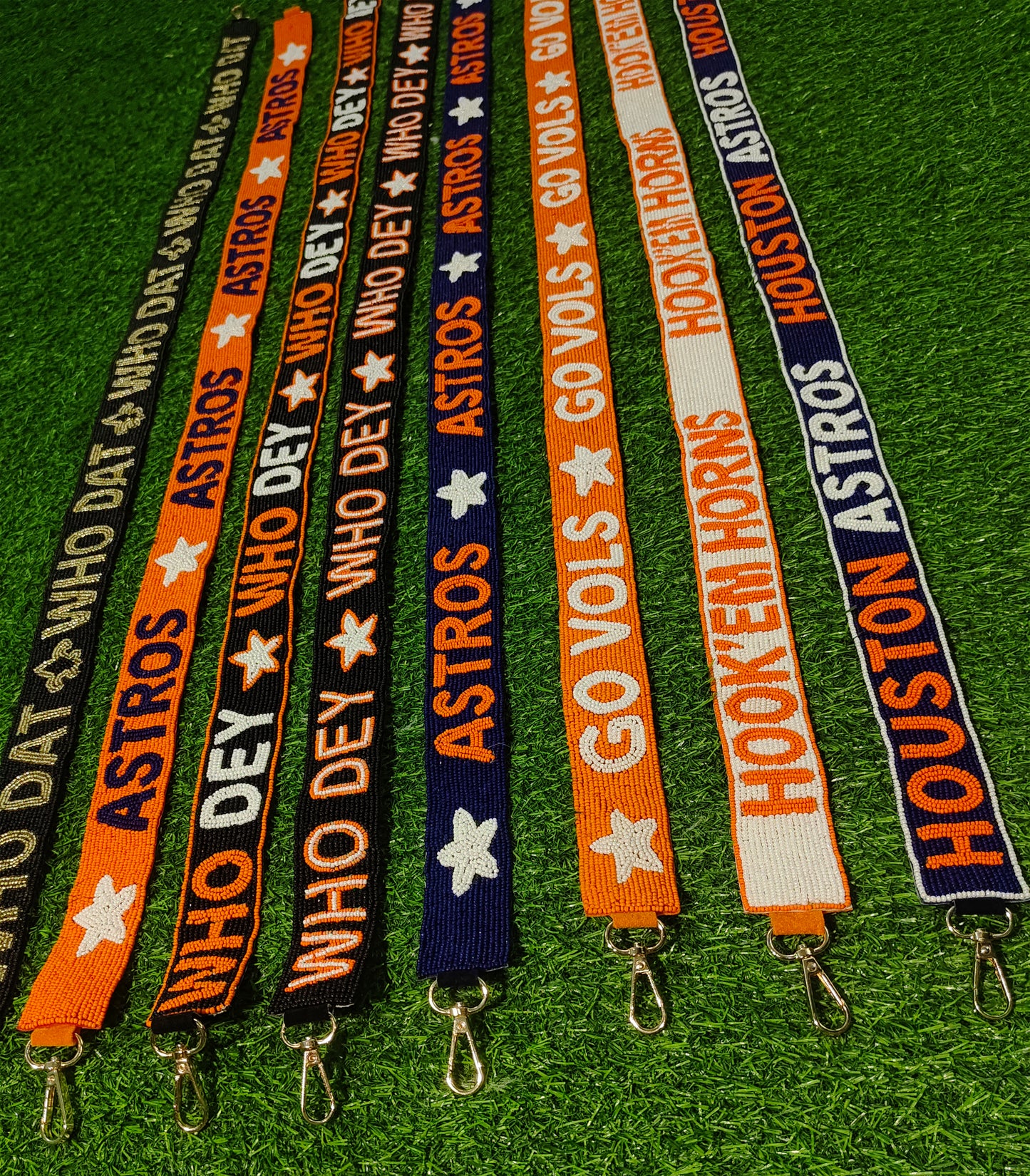 Beaded Purse Strap – "Who Dat," "Who Dey," "Go Vols," "Hook 'Em Horns," "Houston Astros" – 47" Long, 1.5" Wide