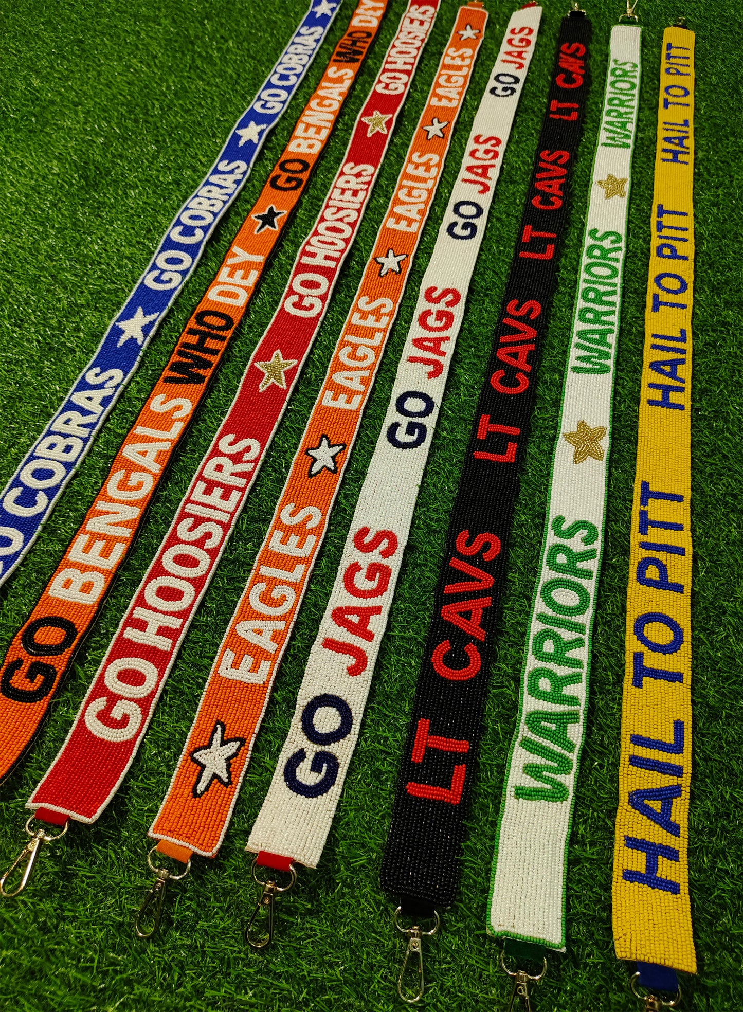 Beaded Purse Strap – "Go Cobras," "Go Bengals Who Dey," "Go Hoosiers," "Eagles," "Go Jags," "LT Cavs," "Warriors," and "Hail to Pitt!"