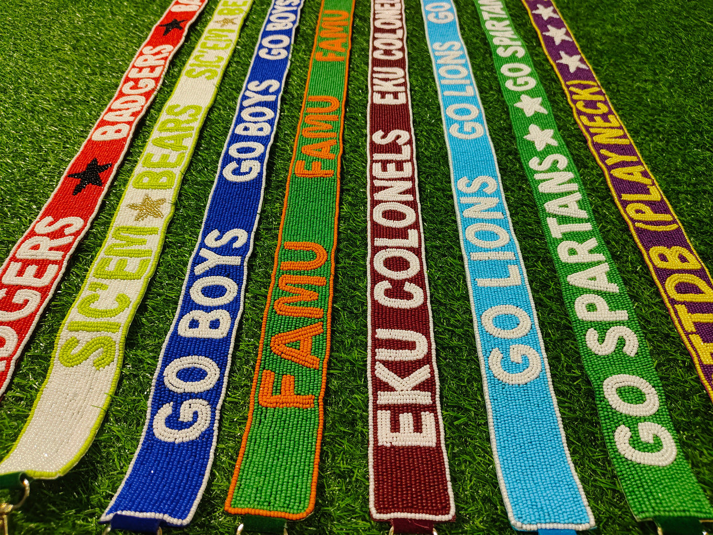 Game Day Beaded Purse Straps – Badgers, Sic ‘Em Bears, Go Boys, FAMU, EKU Colonels, Go Lions, Go Spartans, STTDB Play Neck – 47 Inches Long, 1.5 Inches Wide