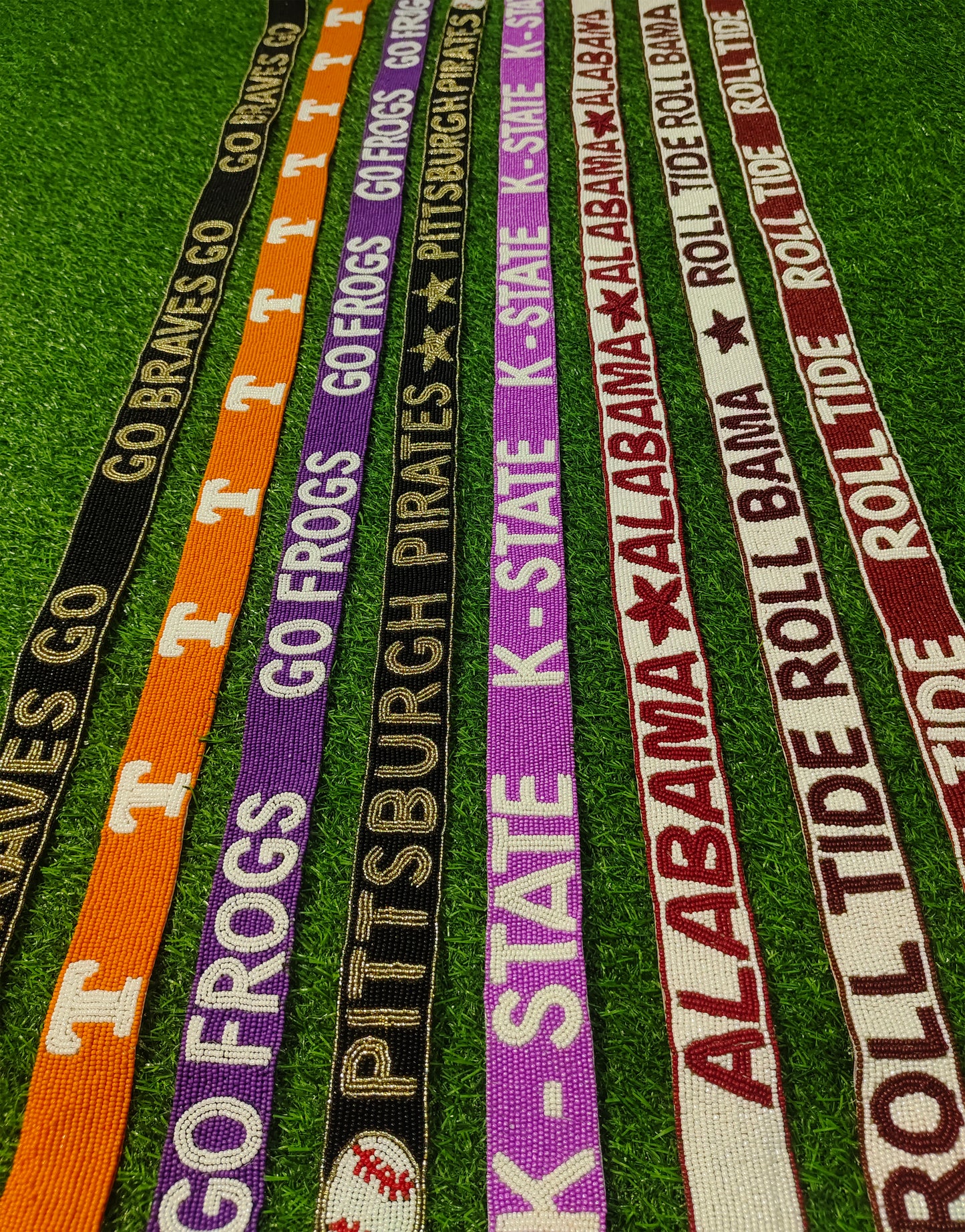 Beaded Purse Straps – Go Braves, Tennessee, Go Frogs, Pittsburgh Pirates, K-State, Alabama, Roll Tide (47" x 1.5")