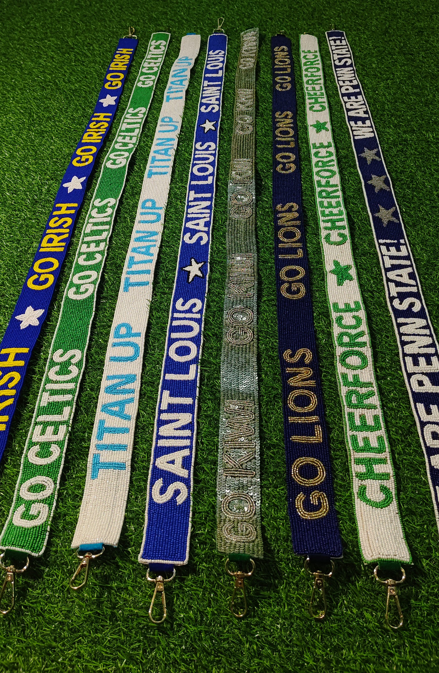 Beaded Purse Strap – "Go Irish," "Go Celtics," "Titan Up," "Saint Louis," "Go Kiwi," "Go Lions," "CheerForce," and "We Are Penn State!" Designs